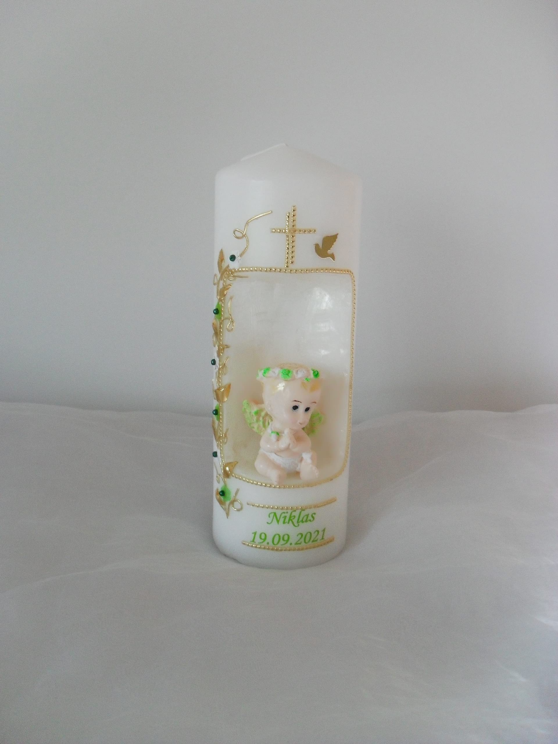 Taufkerze/Kommunionkerze,Konfirmationskerze, Patenkerze,Taufgeschenk 3D Engel inkl.Name,Datum Junge Mädchen