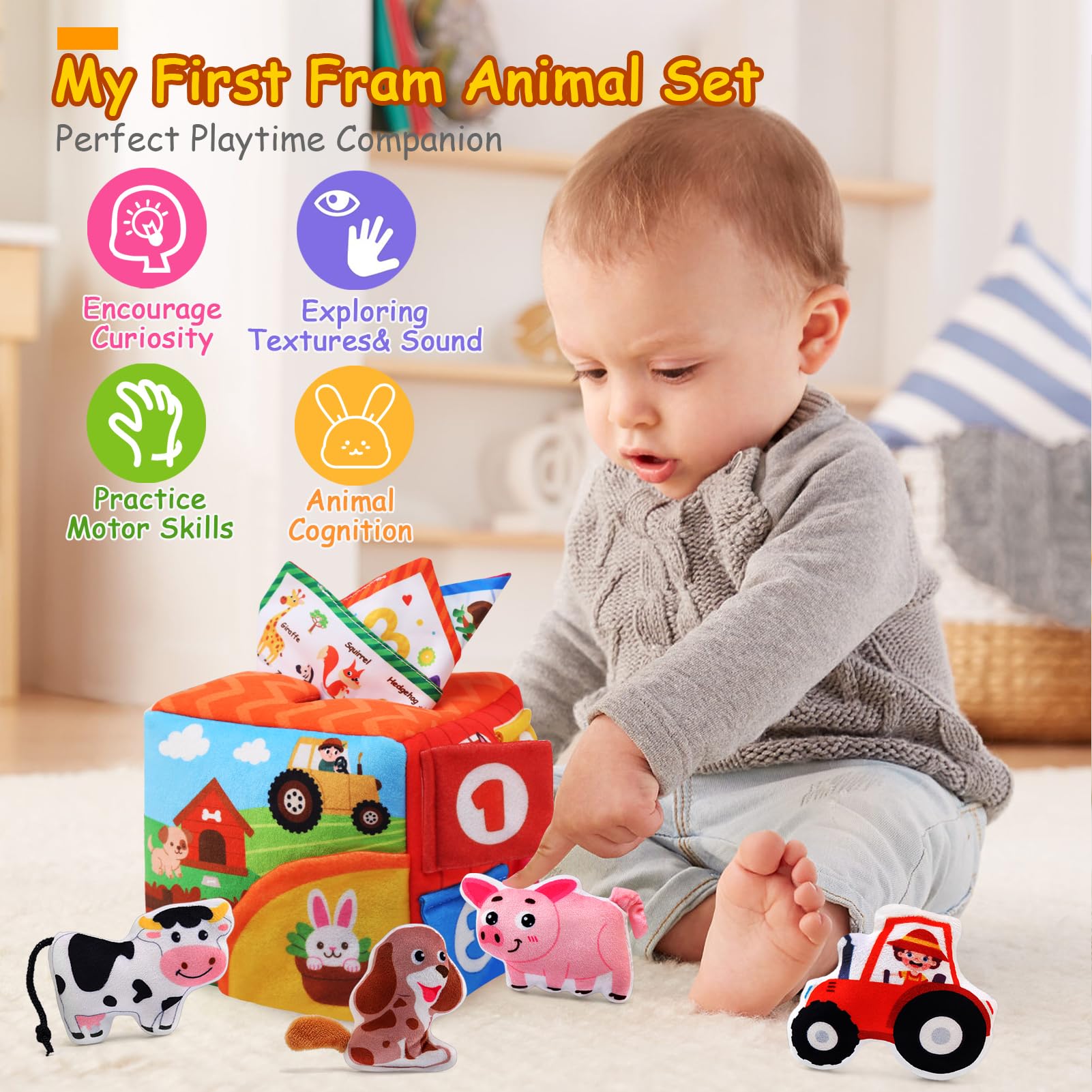 LEADSTAR Baby Tissue Box Toy Farm Crink Plush,Whats Inside Box Montessori Toys with Rattle,Crinkle,Mirror for Babies 6 9 12 18 Months Early Developmental Infant Sensory Learning Toys Newborn Gifts (C) - Image 4