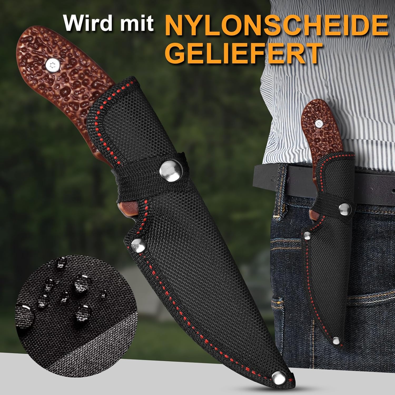Plys Camping Knife with Nylon Sheath, Hunting Knife, Full Tang Outdoor Knives High Carbon Stainless Steel, Brown Plastic Handle