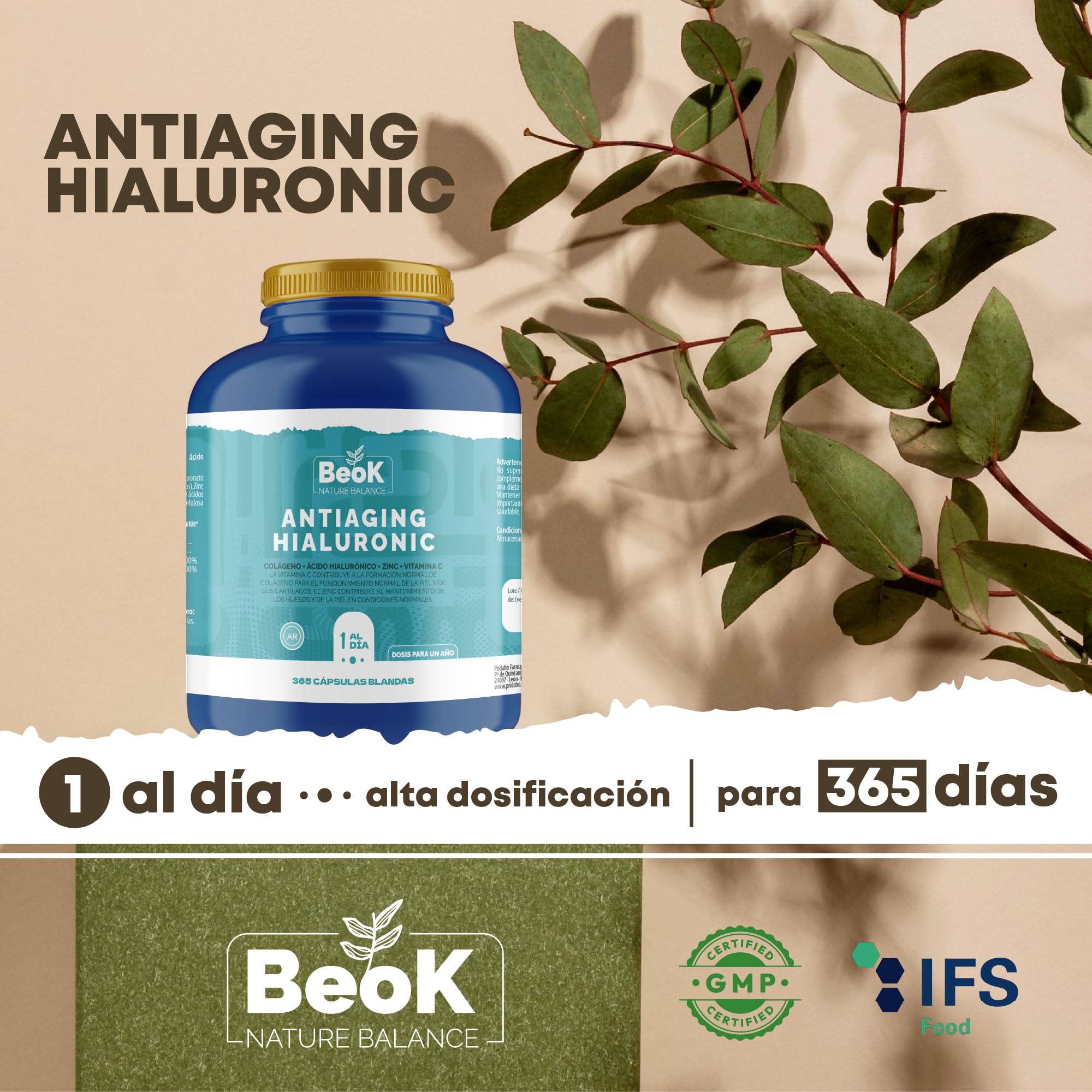 BEOK Antiaging Hyaluronic 365 Cápsulas Blandas – Colágeno Hidrolizado + Ácido Hialurónico + Vitamina C + Zinc – Suplemento para Piel, Articulaciones y Huesos – Suministro para 1 Año