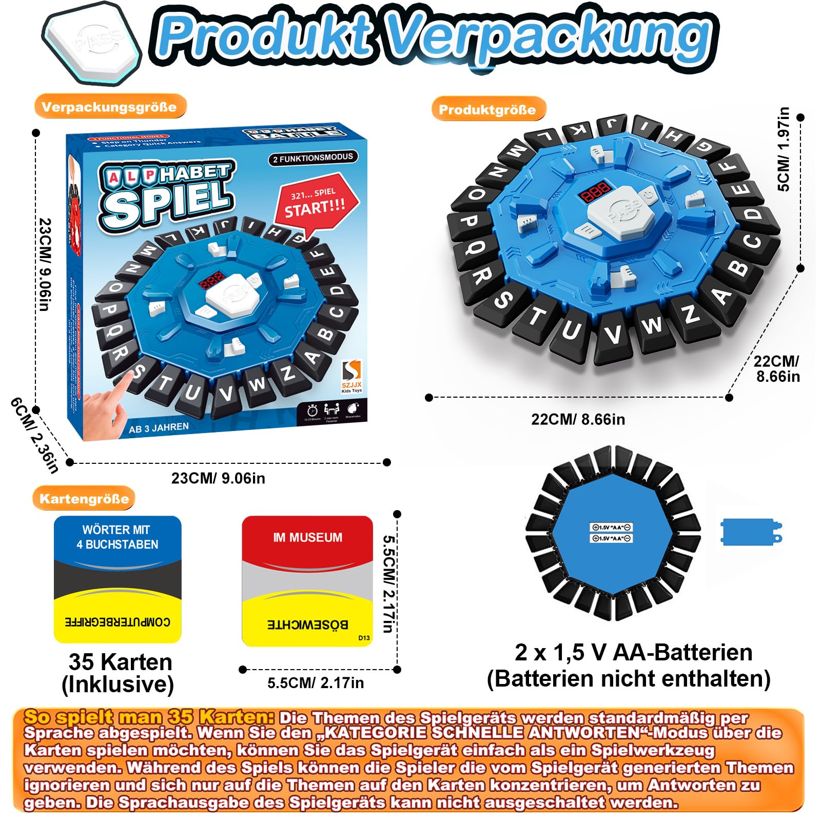 Wortspiel, Brettspiele für Kinder und Erwachsene mit 2 Modi, 24 Tasten Buchstaben Drücken Familienspiel Partyspiele mit Deutscher Aussprache,Puzzlespiel für Jungen und Mädchen ab 3 Jahren,2–8 Spieler