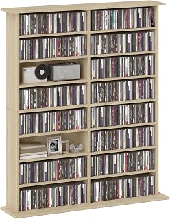 HOMCOM Double Media Storage Cabinet, 8-Tier DVD Shelf with 12 Adjustable Shelves, 16 Compartments, Holds 720 CDs, 396 DVDs or 396 Blu-rays, Natural Wood