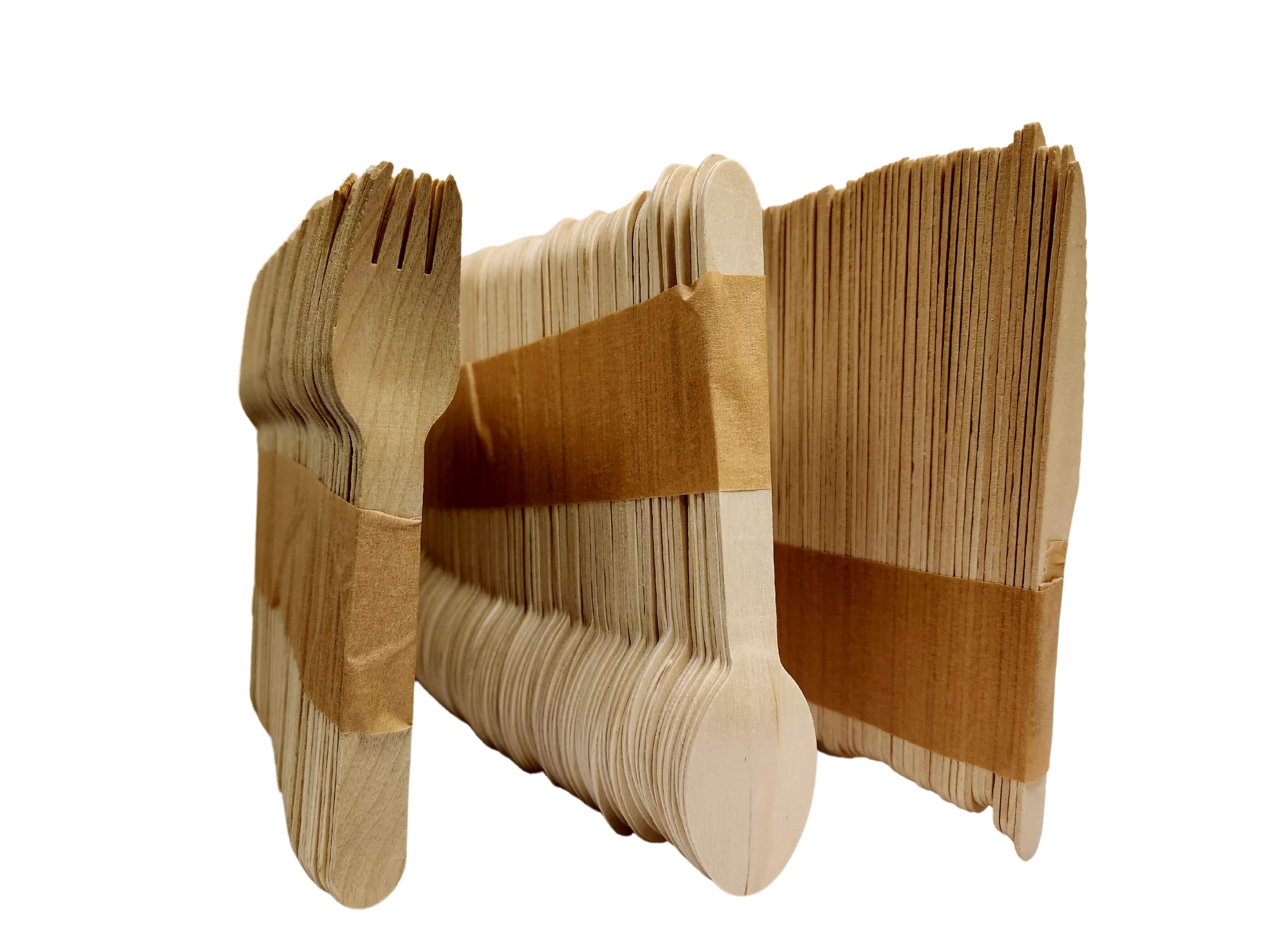 300 Posate In Legno Biodegradabili - 100 Coltelli, 100 Forchette, 100 Cucchiai, Per Feste, Picnic E BBQ