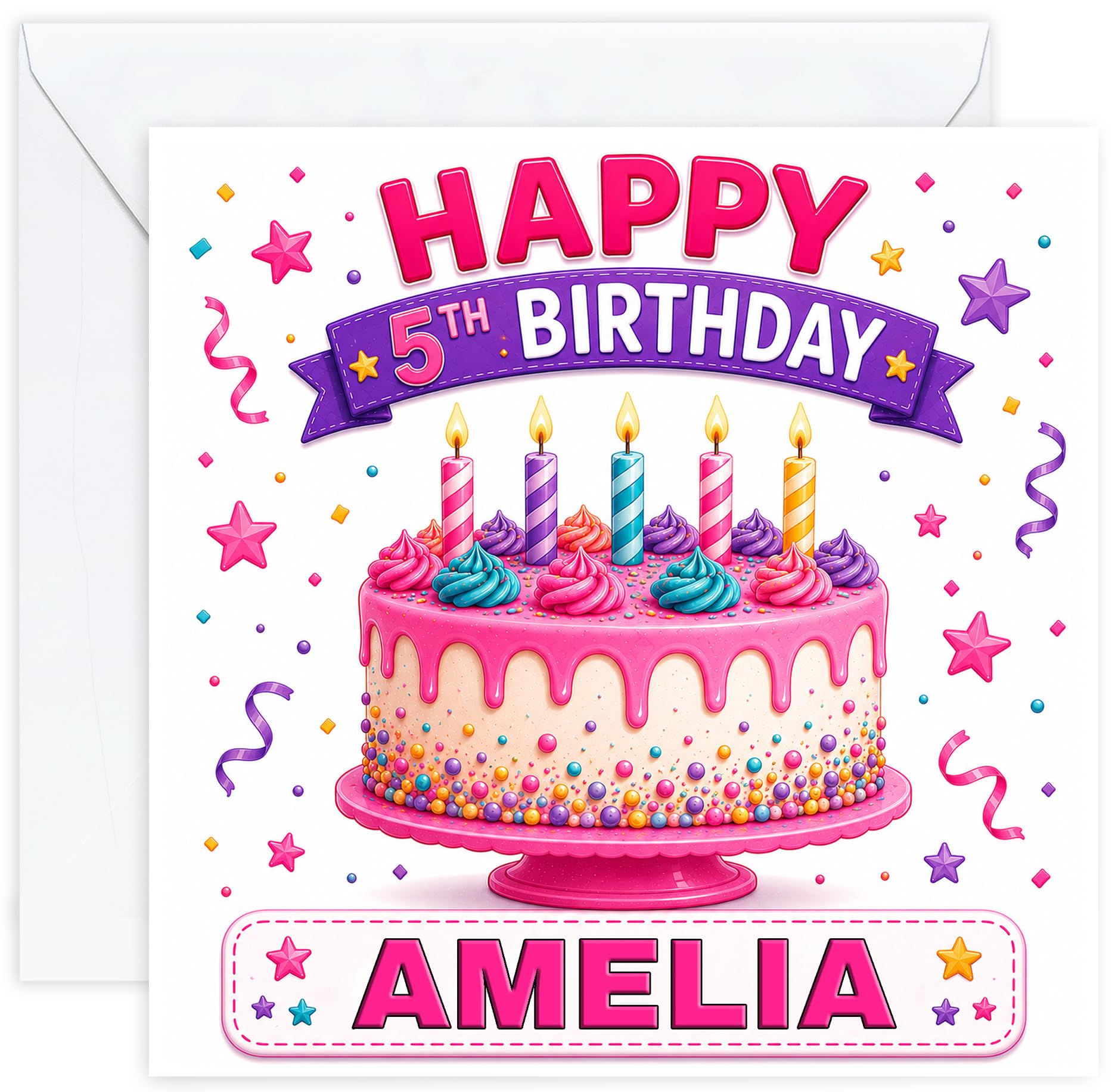 Personalised Girls 5th Birthday Card – Party Design – Name