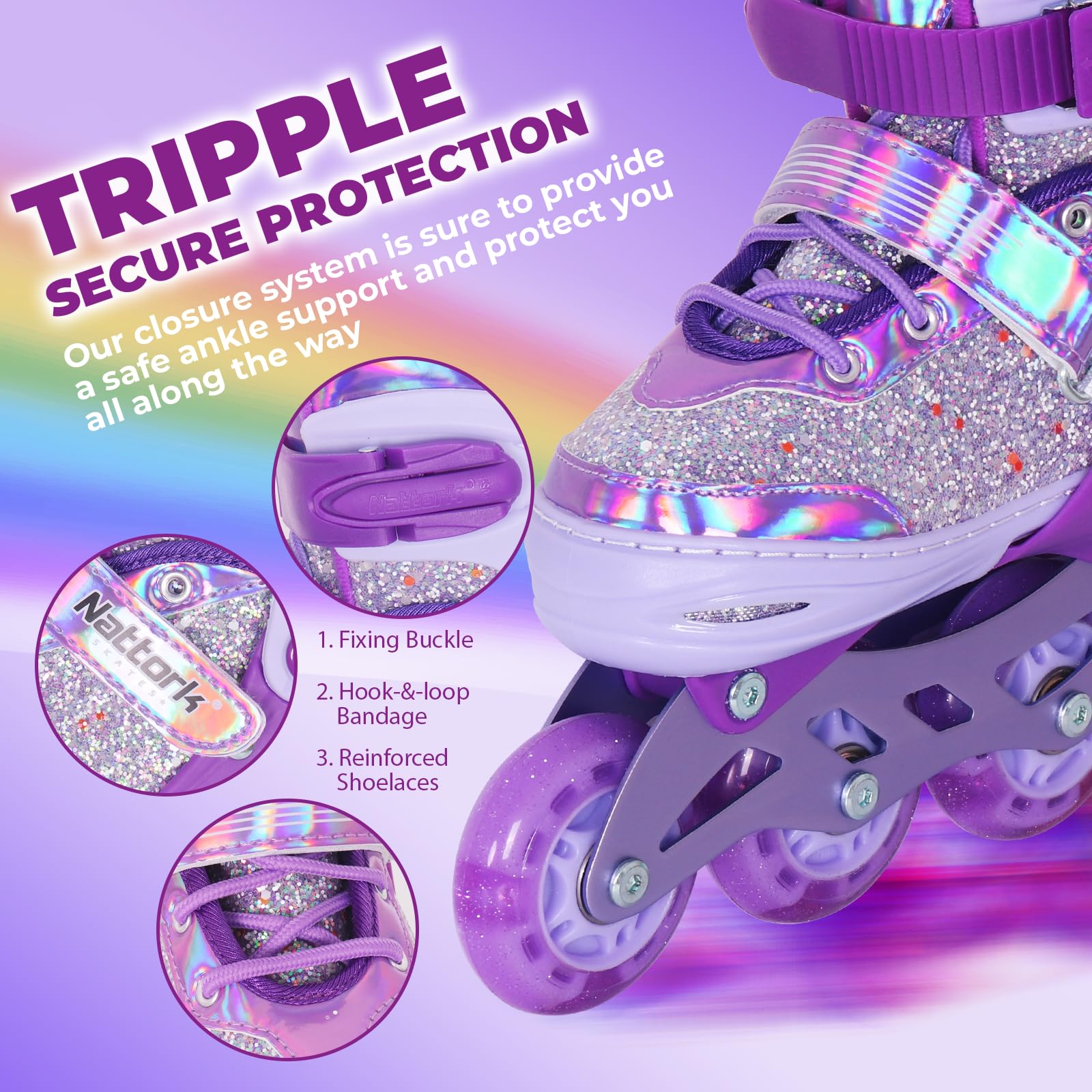 Nattork Patins à roulettes réglables en ligne pour enfants - 4 tailles - Pour l'intérieur et l'extérieur