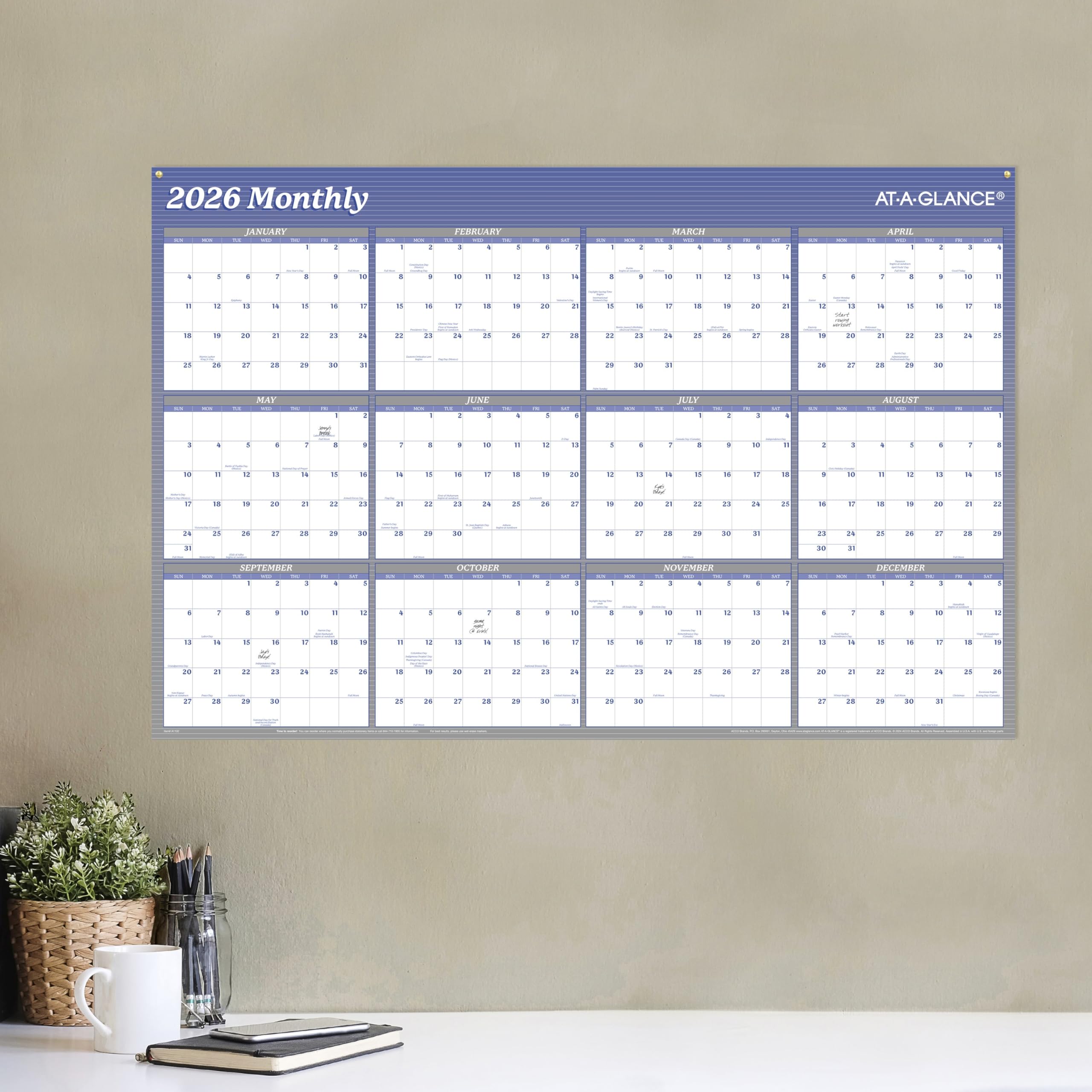 AT-A-GLANCE Calendario 2026 cancellabile, agenda da parete cancellabile a secco, 91,4 x 61 cm, grande, verticale, orizzontale, reversibile, blu (A1102-26)