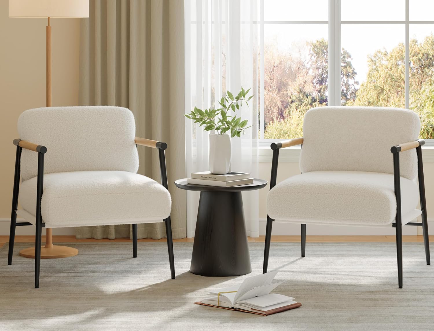 GarveeHome White Comfy Chair Set of 2, Modern Accent Chair with Metal Frame, Cozy Reading Chair with Soft Cushion & Wood Armrest for Bedroom, Living Room, White Set of 2