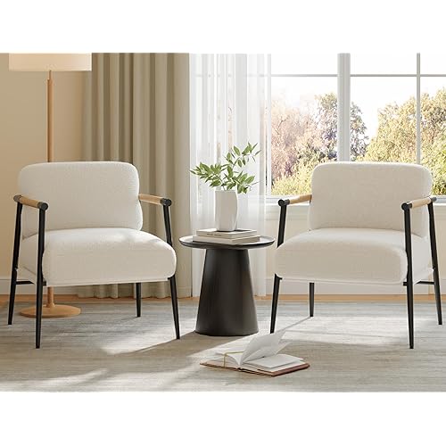 Garvee Modern Accent Chair, Comfy Chair with Metal Frame Wooden Armrest, Cozy Reading Chair with Soft Cushion for Bedroom, Living Room, White Set of 2