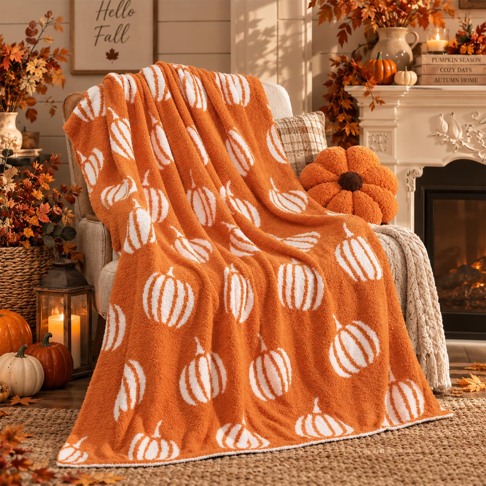 Buryeah Fall Pumpkin Knit Throw Blanket