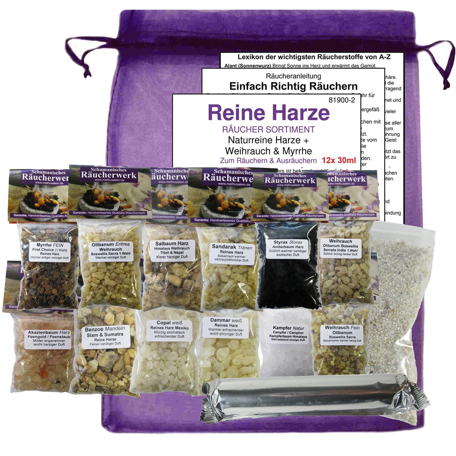 12x Reine HARZE zum räuchern 16-TLG RÄUCHERSORTIMENT mit WEIHRAUCH MYRRHE KOPAL Styrax ... Für Räucherkohle & Sieb. 4 x ZUBEHÖR. 81900-2