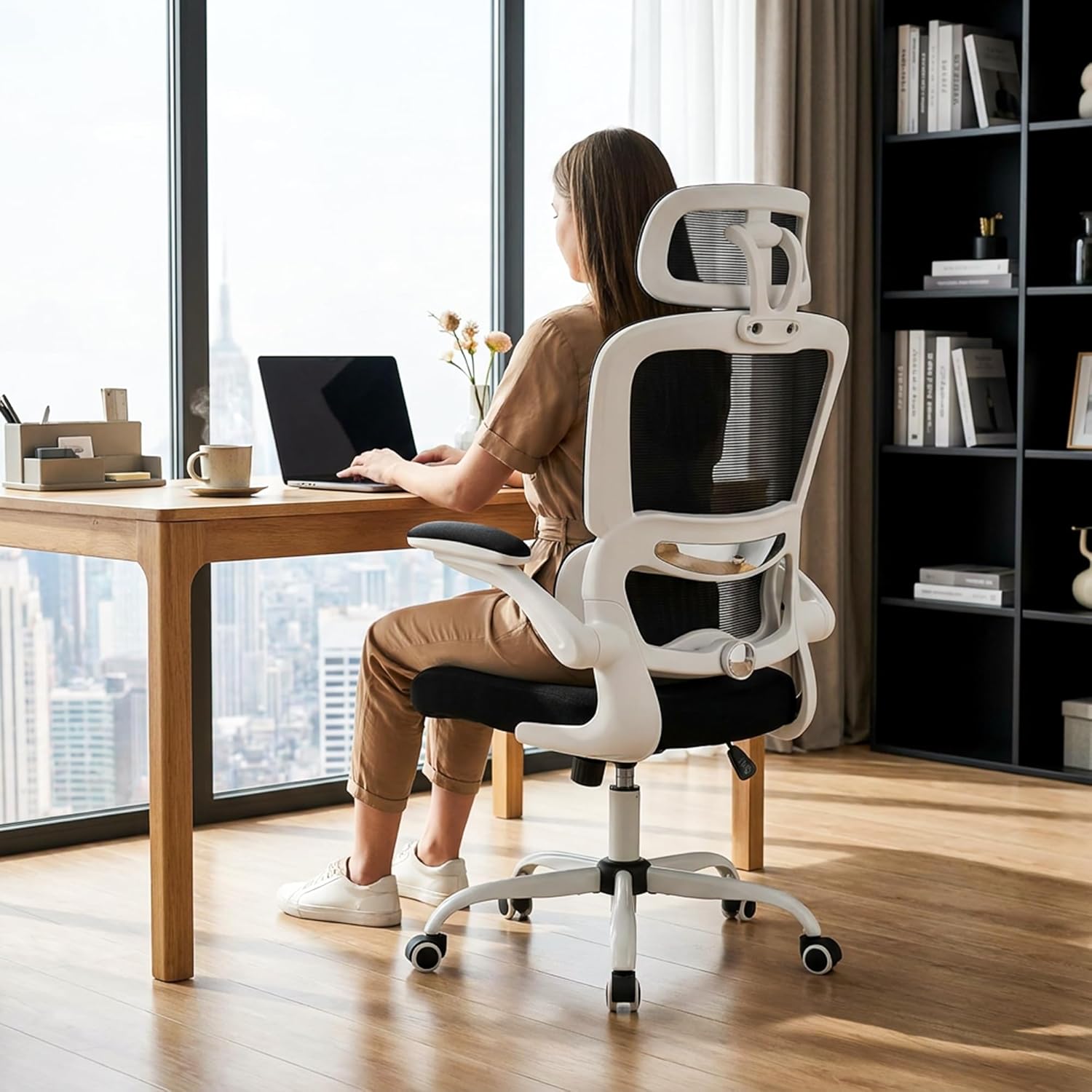 Image of DROGO Premium Ergonomic Office Chair for Work from Home, High Back Computer Chair with Adjustable Seat, Lumbar Support & Headrest, Flip-up Armrest & Recline | Mesh Chair for Office/Home (White-Black)