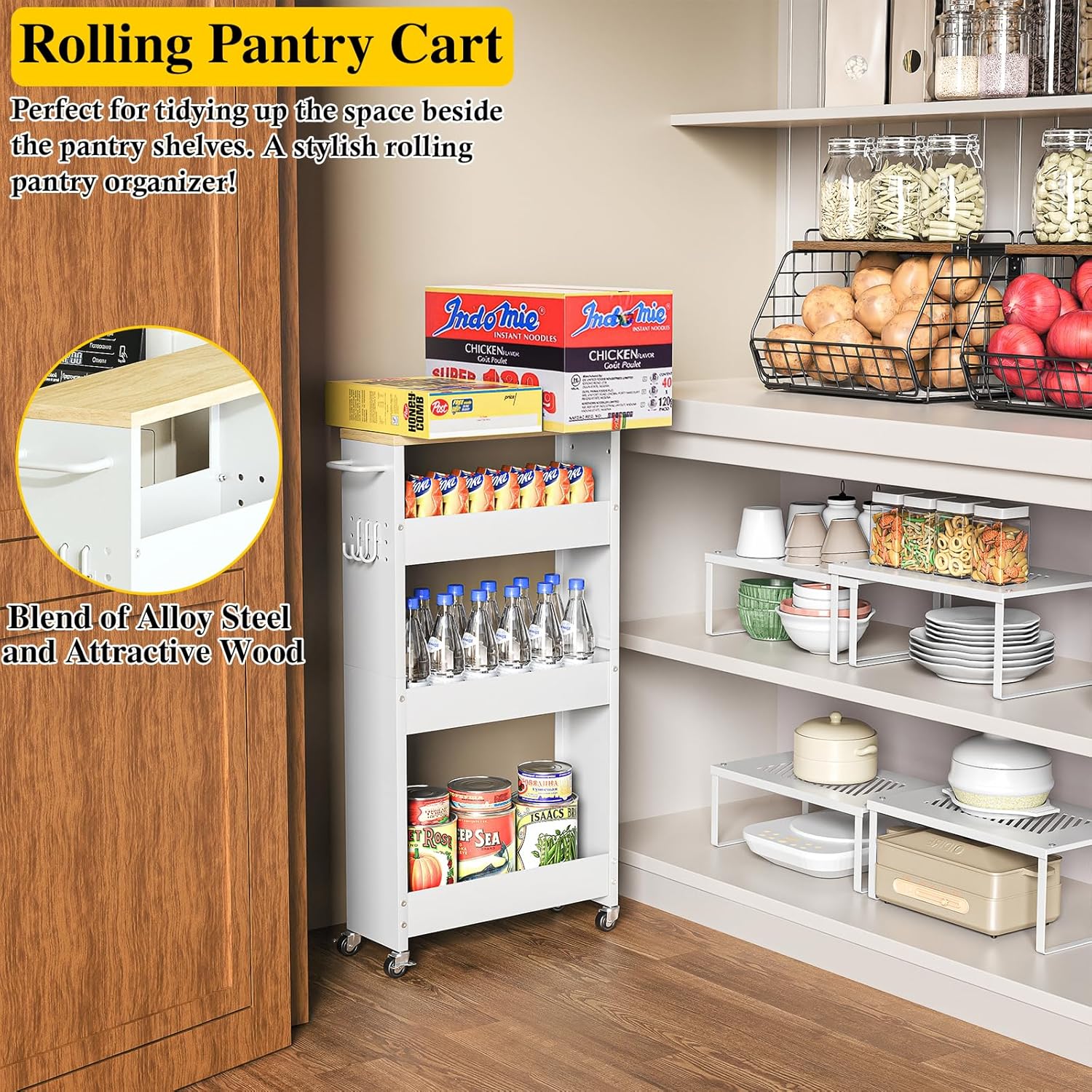 OKZEST Utility Slim Storage Cart, 4-Tier Narrow Laundry Room Bathroom Organizers and Storage Cart, Metal Pantry Kitchen Organization Shelf with Wood Top, Slim Rolling Rack with Wheels for Small Space