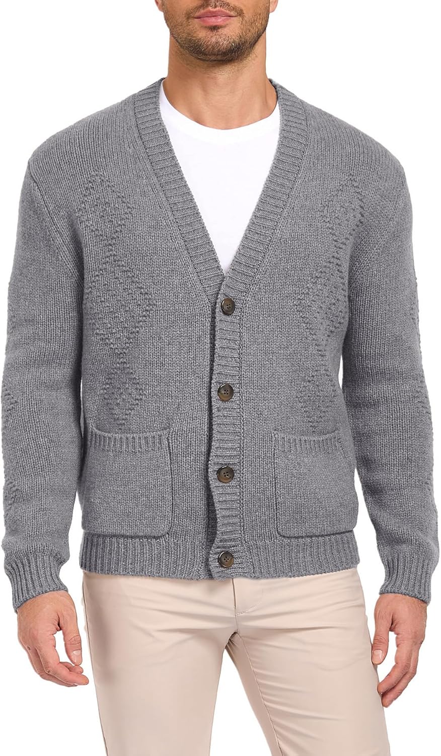 Amazhiyu Men's 100% Wool Button Down Cardigan Sweater V-Neck Long Sleeves Tops