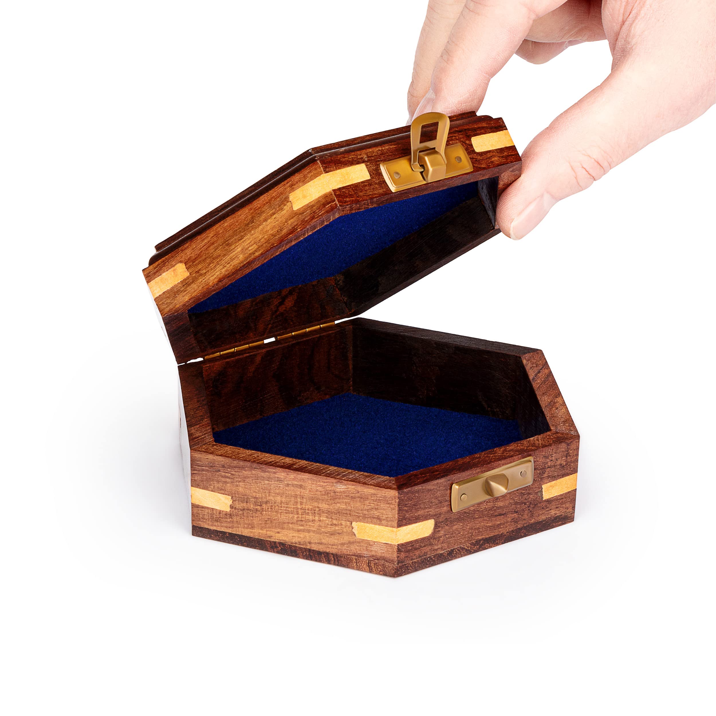 NKlaus Scatola Esagonale In Legno Marittima 18,5x16,5x8,5 Cm | Intarsio Rosa Dei Venti E Serratura In Ottone, Decorazione Nautica