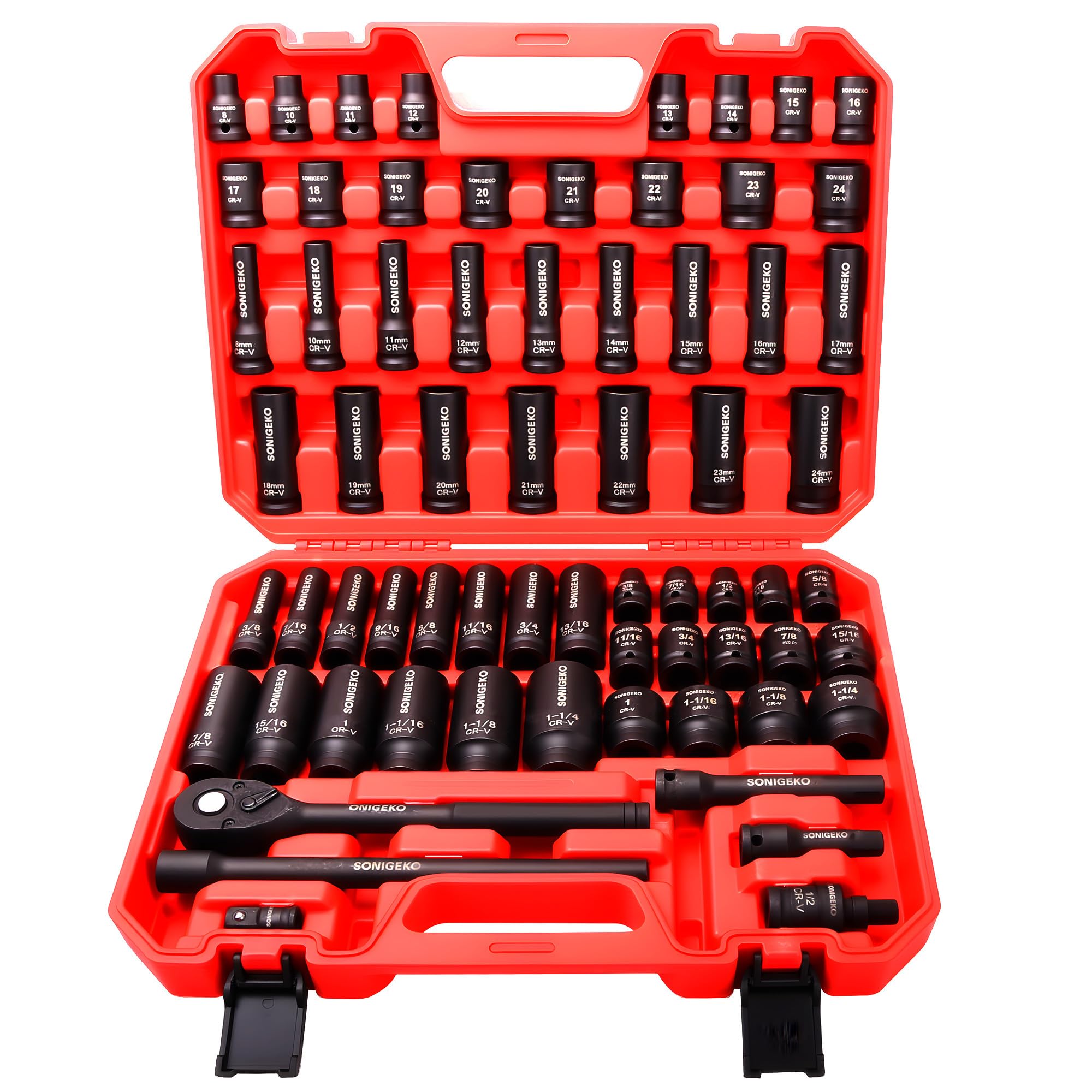 SONIGEKO 66-Pieces 1/2" Drive Impact Socket Set, 6-Point Deep & Standard, CR-V Steel, Metric & SAE from 5/16"-1-1/4",8-24mm, Includes Ratchet Handle &