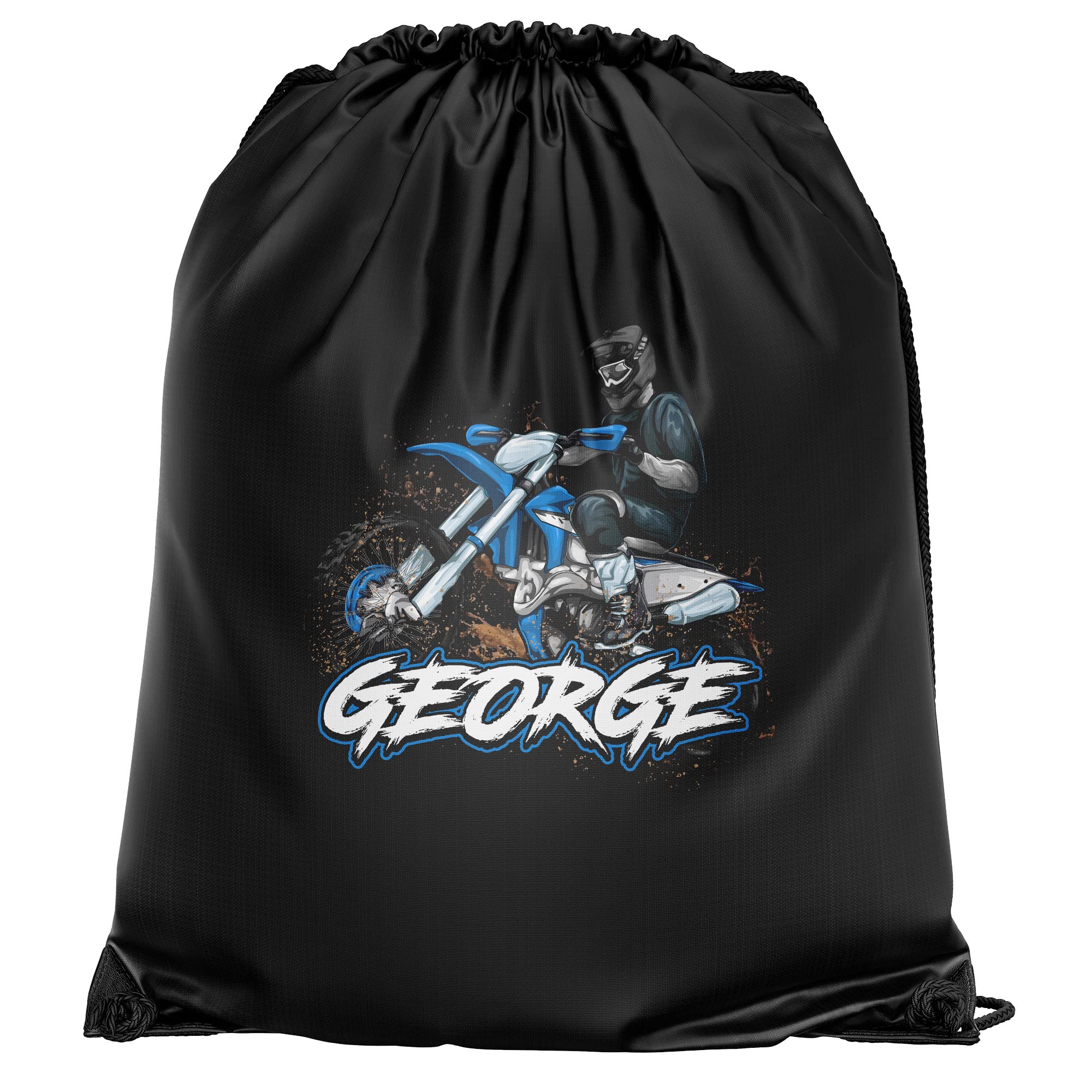 Personalised Dirt Bike Drawstring Bag, Custom Back to School and Nursery Gifts for Boys, Ideal Bag for Boys Who Love Motorbikes, Essential Kids PE Kit Swimming Bag, One Size, Black