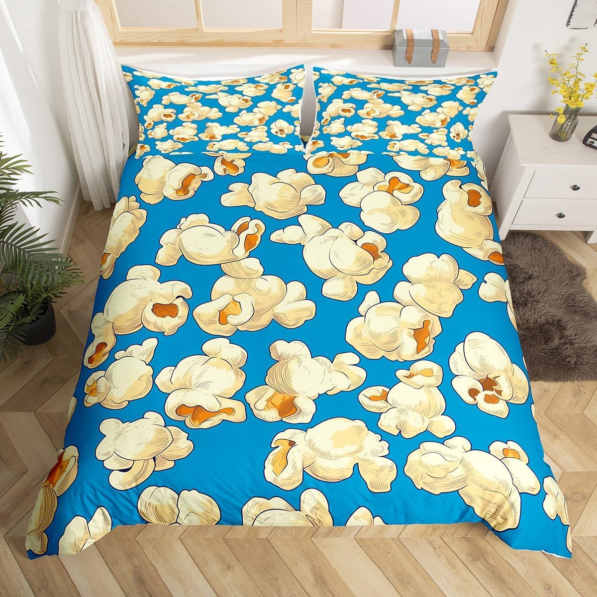 Erosebridal Popcorn Duvet Cover Twin Movie Popcorn Comforter Cover,Funny Food Bed Set Movie Theatre Bedding Kids Boys Girls Bedroom Decorative,Blue Beige 2pcs for All Season