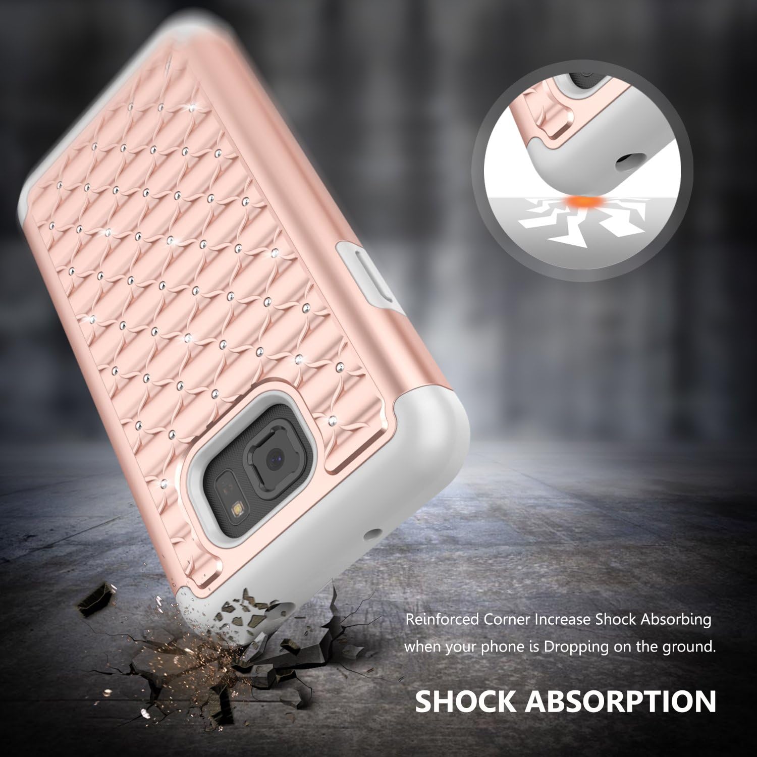 Galaxy S7 Active Case, Jeylly [Diamond Star] Hybrid Rubber Plastic Shock Absorbing Studded Rhinestone Crystal Bling Armor Defender Rugged Case Cover for Galaxy S7 Active SM-G890 G891 - Rose Gold