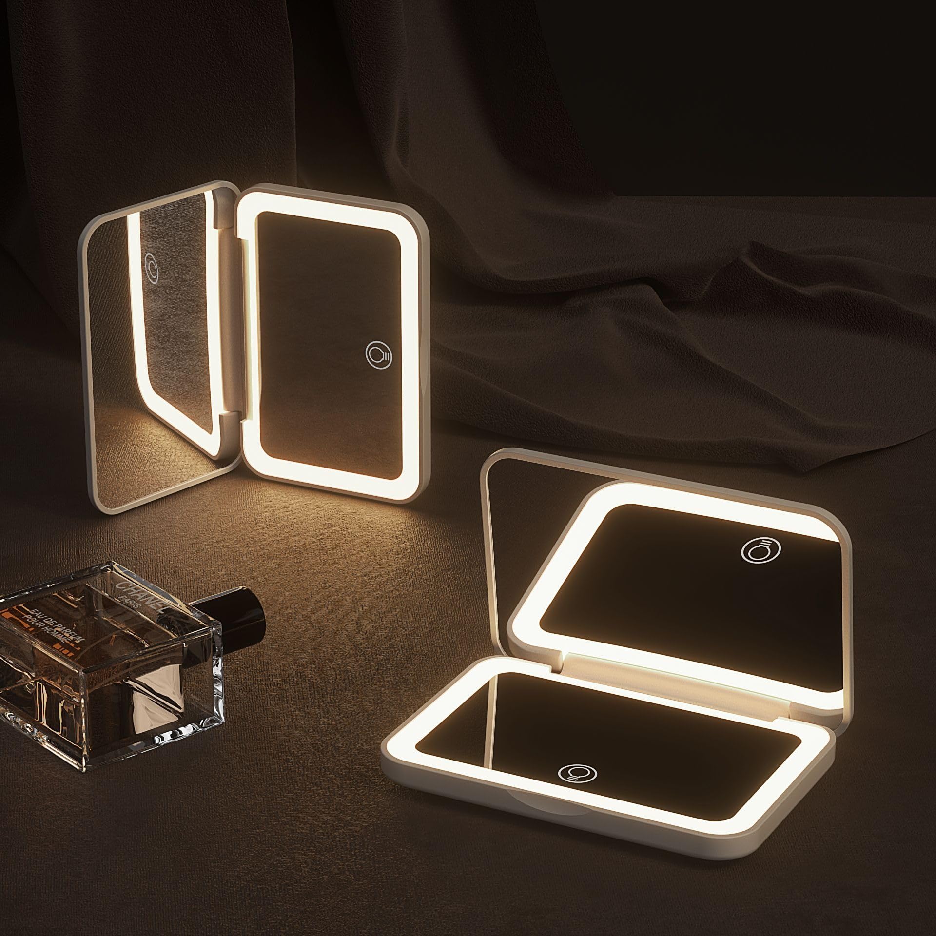 Espejo de Bolsillo con Aumento 1X/2X, Tira LED Tricolor, Brillo Ajustable 5-100%, Batería Integrada, Carga USB-C, Blanco/Negro