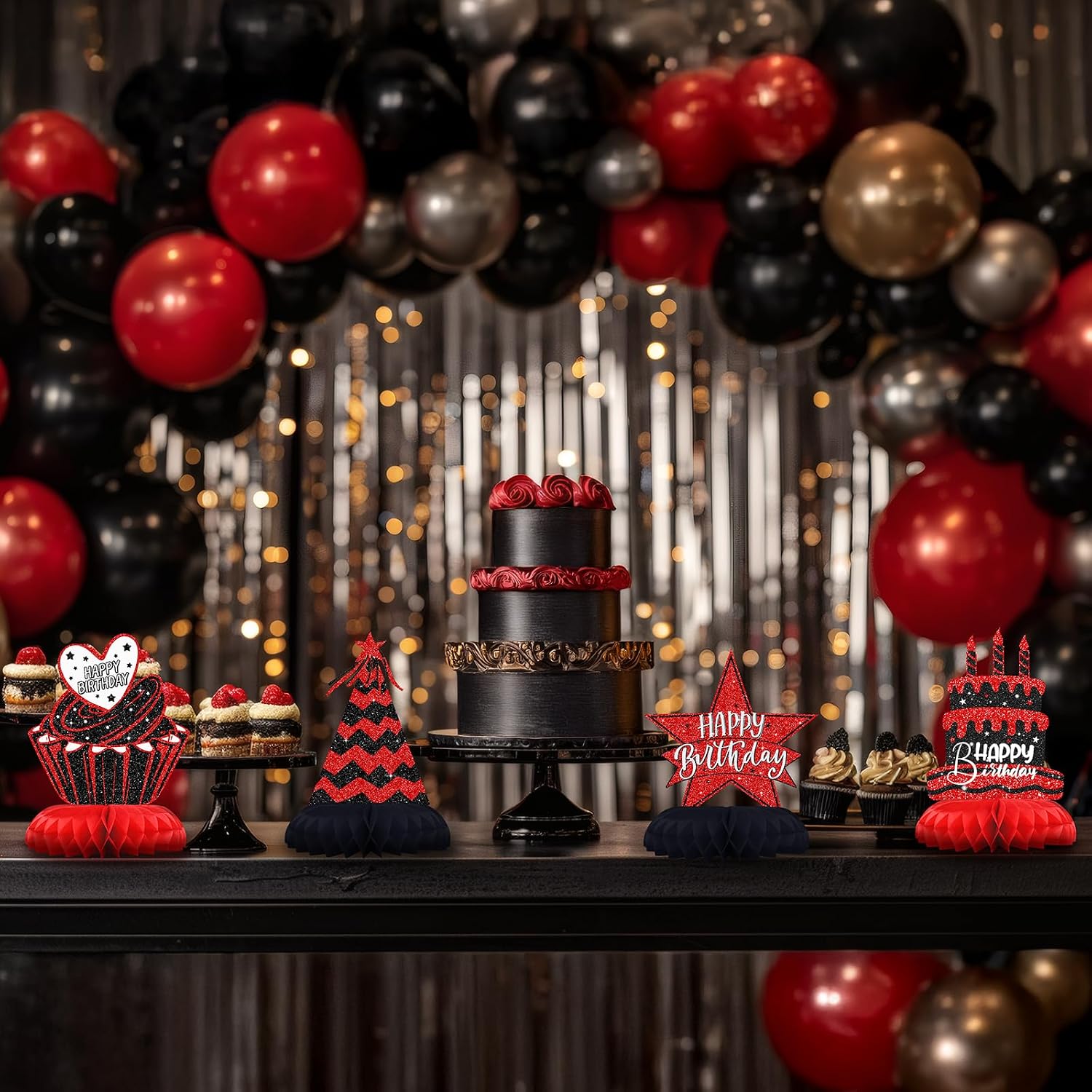 Black and Red Birthday Decorations – 12PCS Honeycomb Table Centerpieces for Men Women Adults – Happy Birthday Table Decor Party Supplies