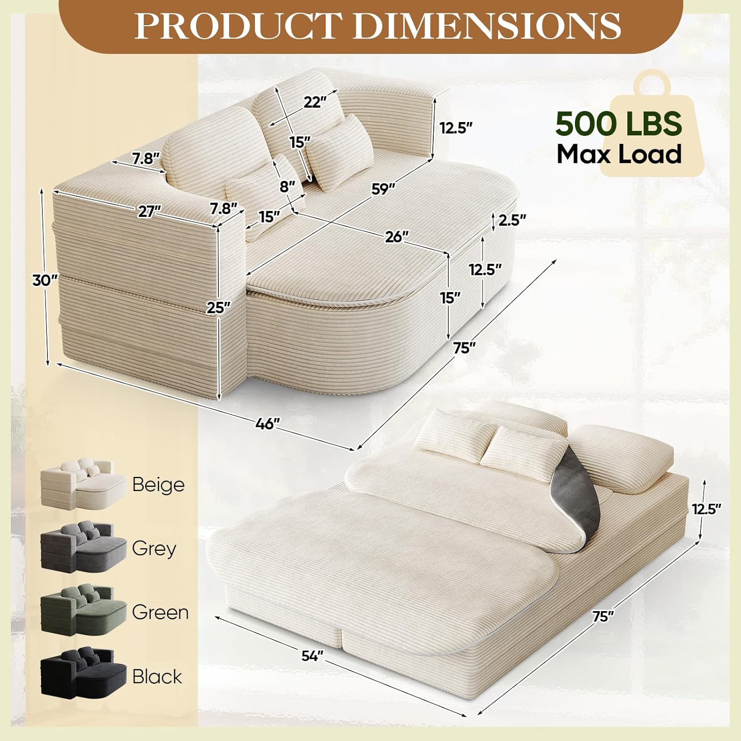 Antetek Convertible Sleeper Sofa, Modern Folding Futon Corduroy Floor Foam Compression Loveseat Sofa Bed Couch, Foldable Full Size Guest Bed with 4 Pillows for Living Room Bedroom Apartment, Beige