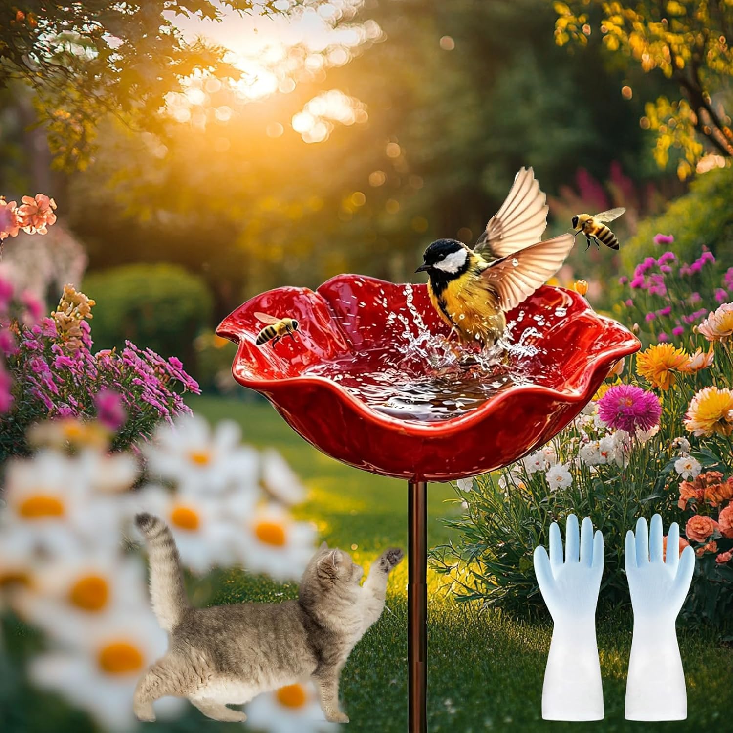 Handmade Metal Flower Shape Garden Stake with Bird Bath Weatherproof Bird Bath and Insect Station with Ground Spike for Garden Lawn and Patio 1 Piece