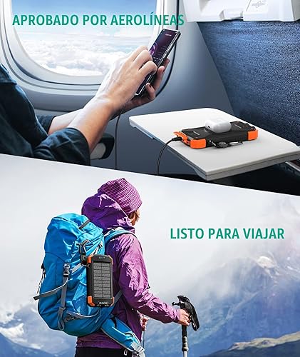 Miniatura 8 de Blavor - Paquete de batería externa solar, cargador inalámbrico Qi de 10,000 mAh, entrada y salida tipo C, linterna doble superbrillante, brújula