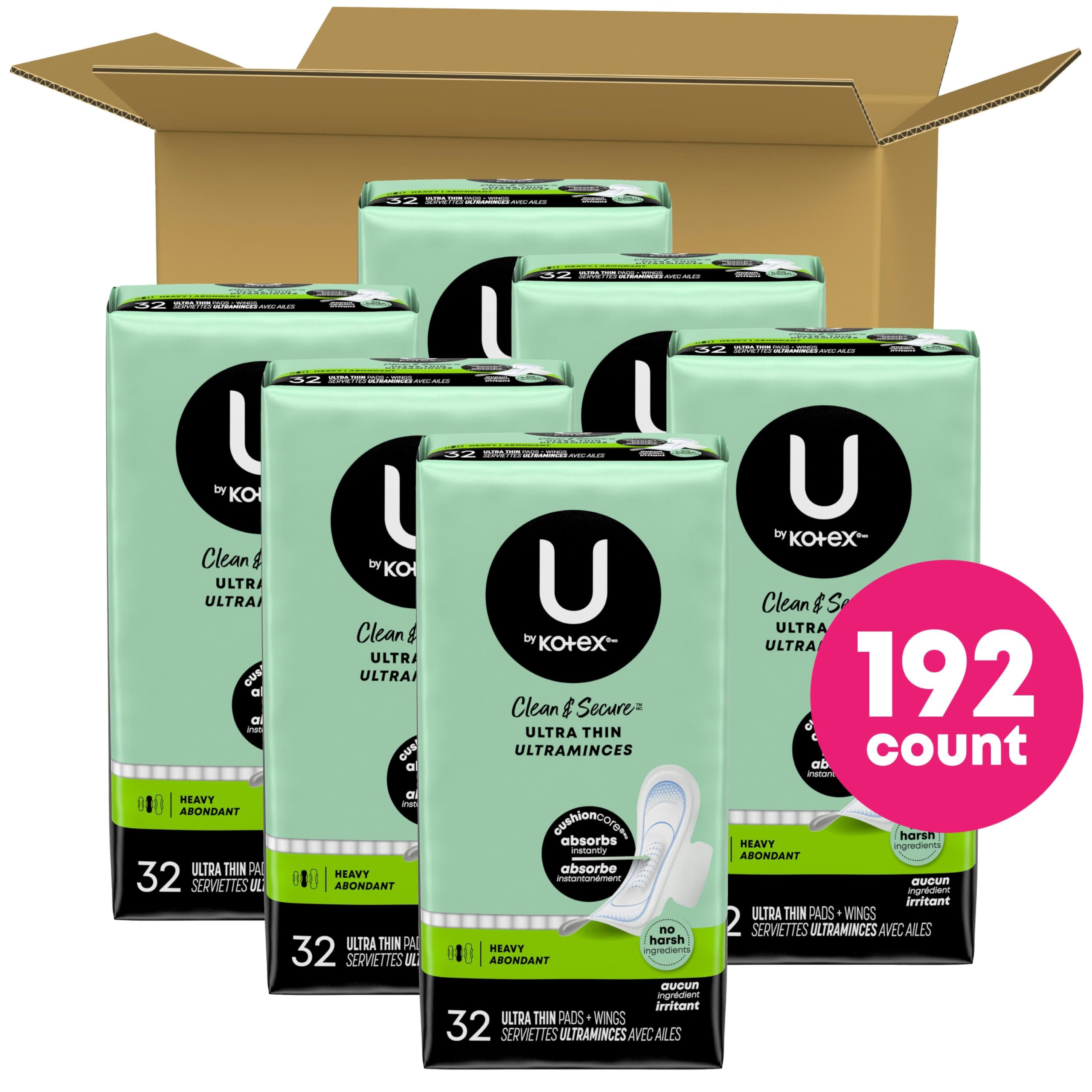 U by Kotex Clean & Secure - Cuscinetti ultra sottili con ali, assorbenza pesante, 192 pezzi (6 confezioni da 32) (la confezione può variare)