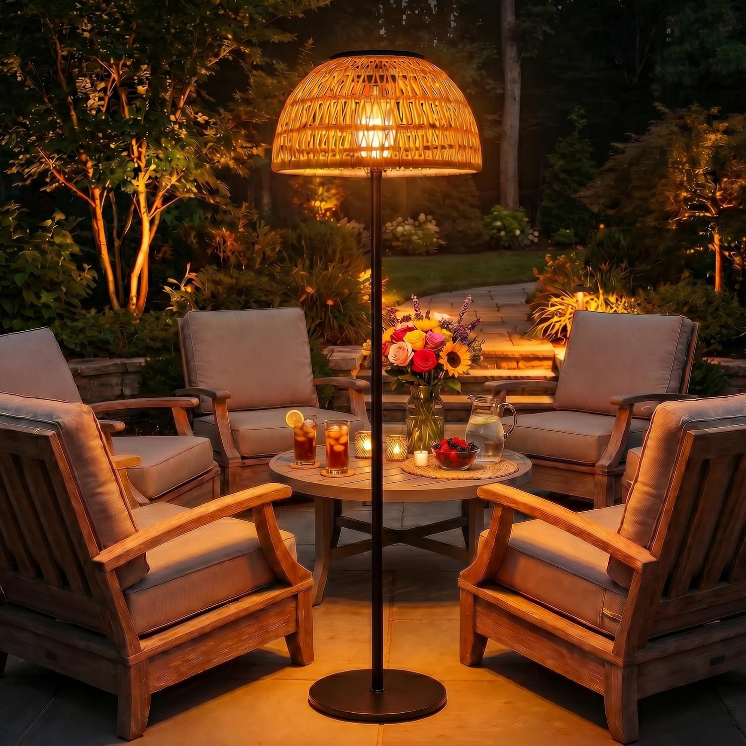 Solar Outdoor Floor Lamp, Cordless Patio Lamp with Rattan Shade | Solar + USB Charging, IP44 Waterproof, Warm LED Glow for Patio, Porch, Deck, Balcony and Garden Decor