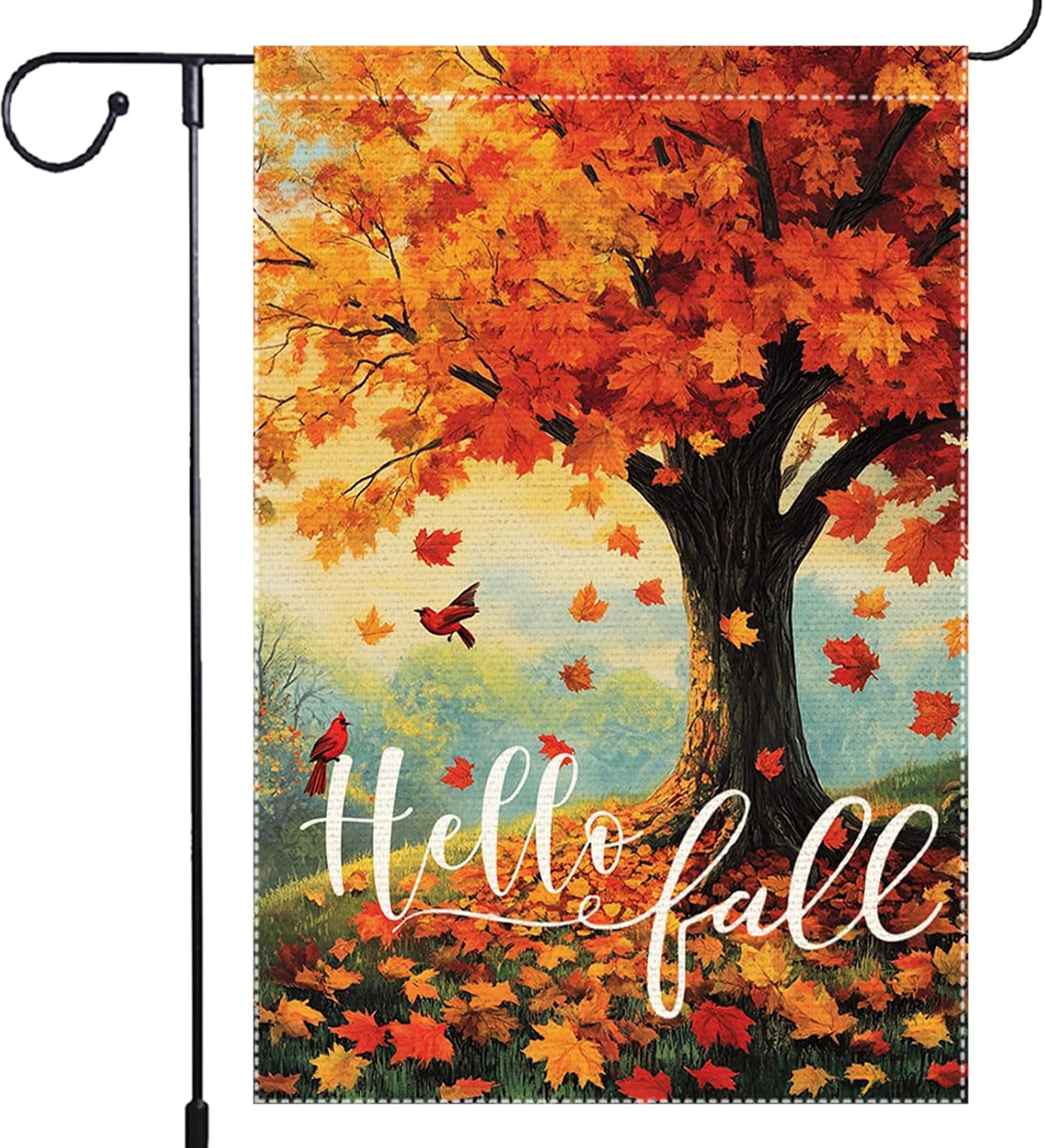 Hello Fall Maple Tree Garden Flag Decor for Outside, Double Sided Burlap Vertical Yard Banners Autumn Garden Flags Villa Small Outdoor Decorative 12.5x18 Inch