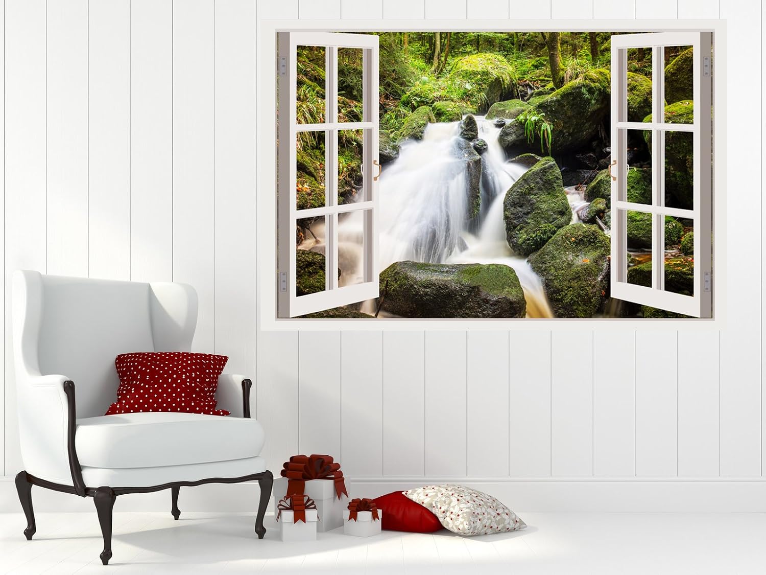 Huge 3D Vinyl Sticker Wall Decal, White Window Frame Style Home Décor Art Removable Wall Mural, 33.5"x 45" (Wall Decals Waterfall W193)