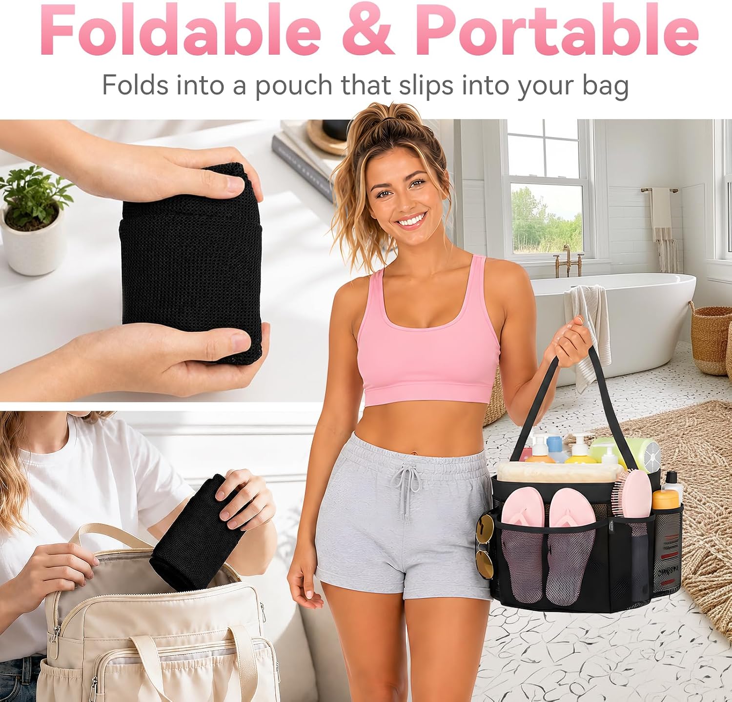 YASONIC Mesh Shower Caddy Portable for Dorm College Room Essentials, 8-Pocket Large Shower Bag with Single Handles, Hanging Shower Basket for Beach, Swimming, Bathroom, Beach, Black