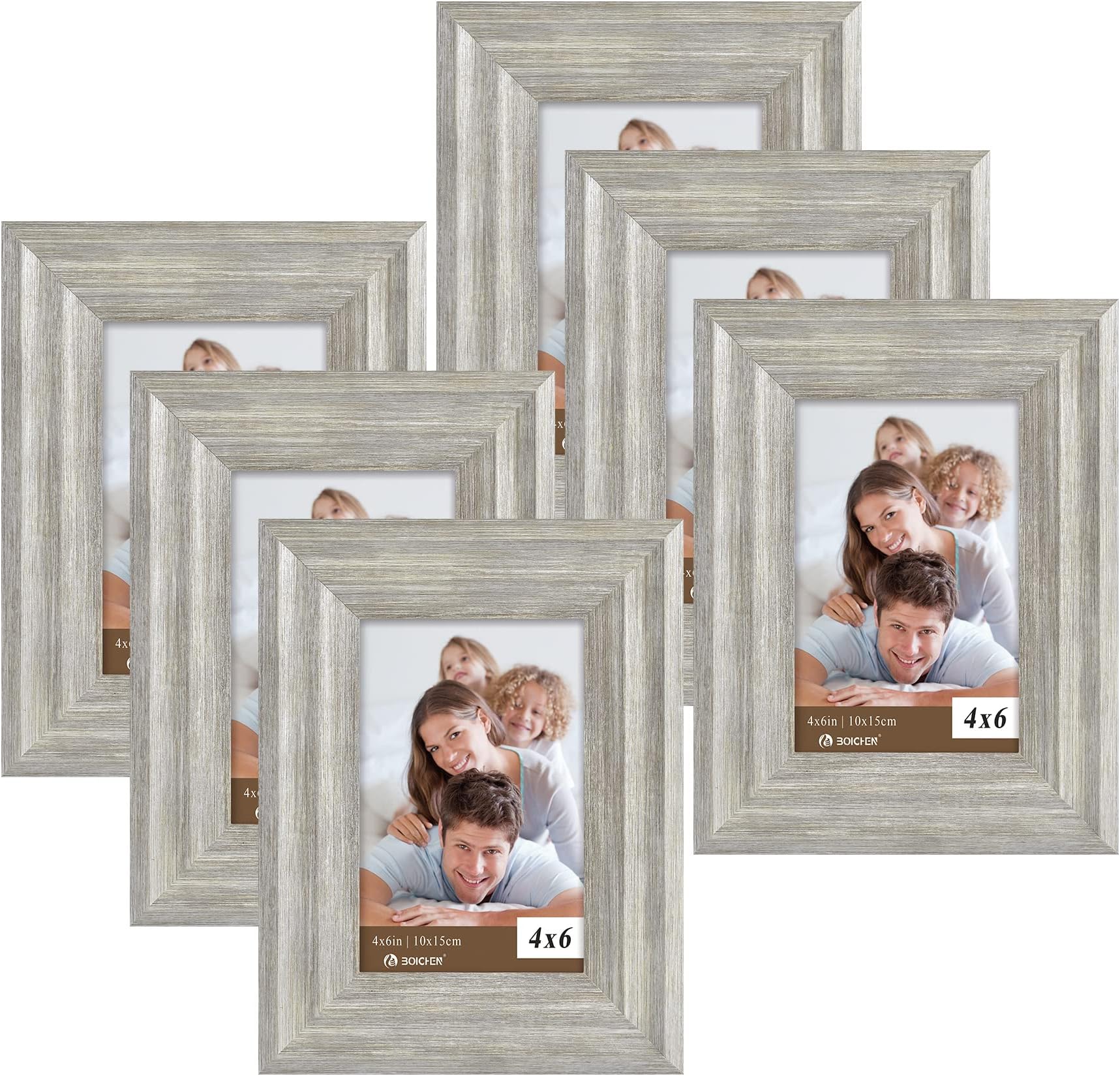 BOICHEN Picture Frames 4x6 Silver Grey (set of 6 Pack) - Rustic Farmhouse Wooden Frame - Photo Frame with Polished High Definition Glass for Tabletop and Wall Display