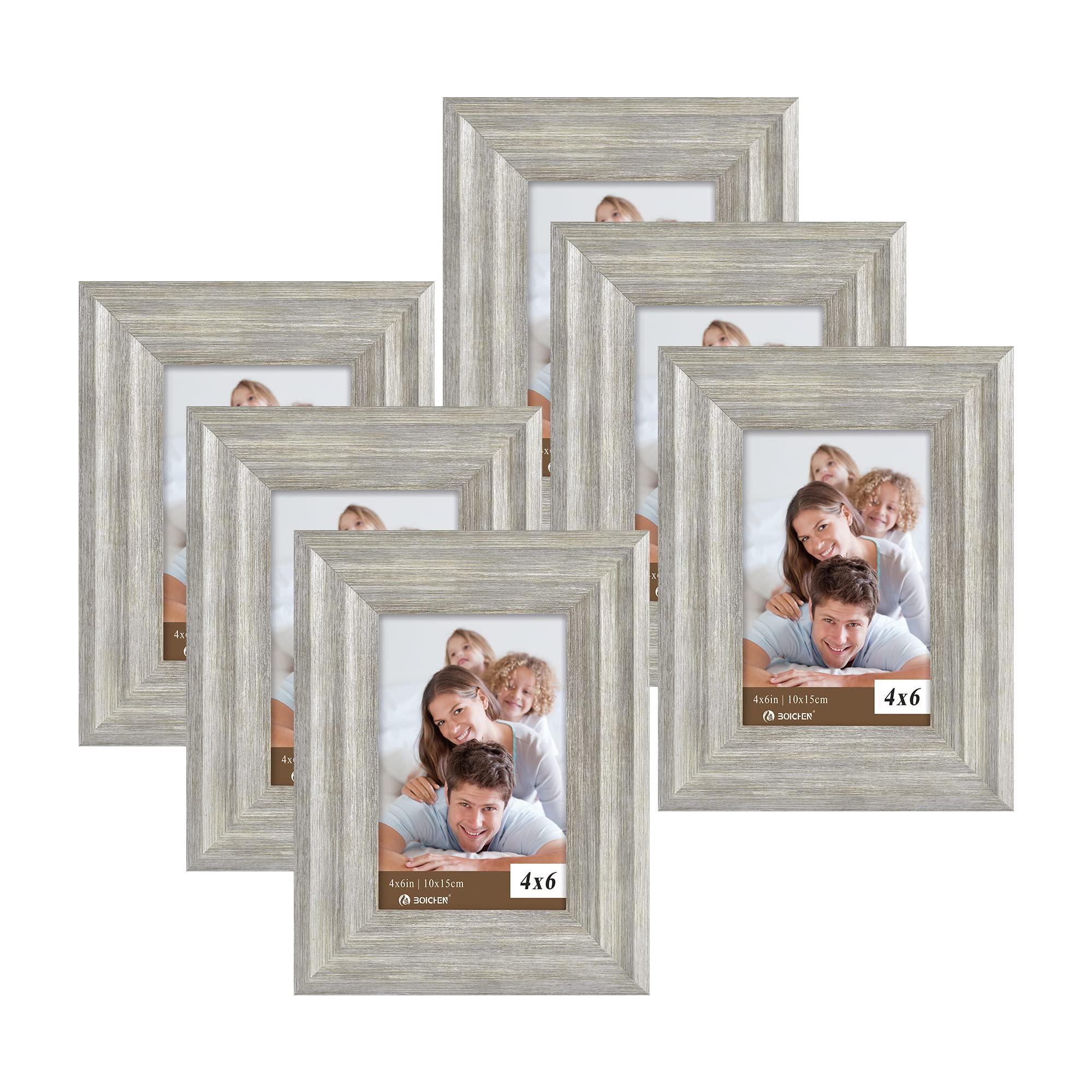 BOICHEN Picture Frames 4x6 Silver Grey (set of 6 Pack) - Rustic Farmhouse Wooden Frame - Photo Frame with Polished High Definition Glass for Tabletop and Wall Display