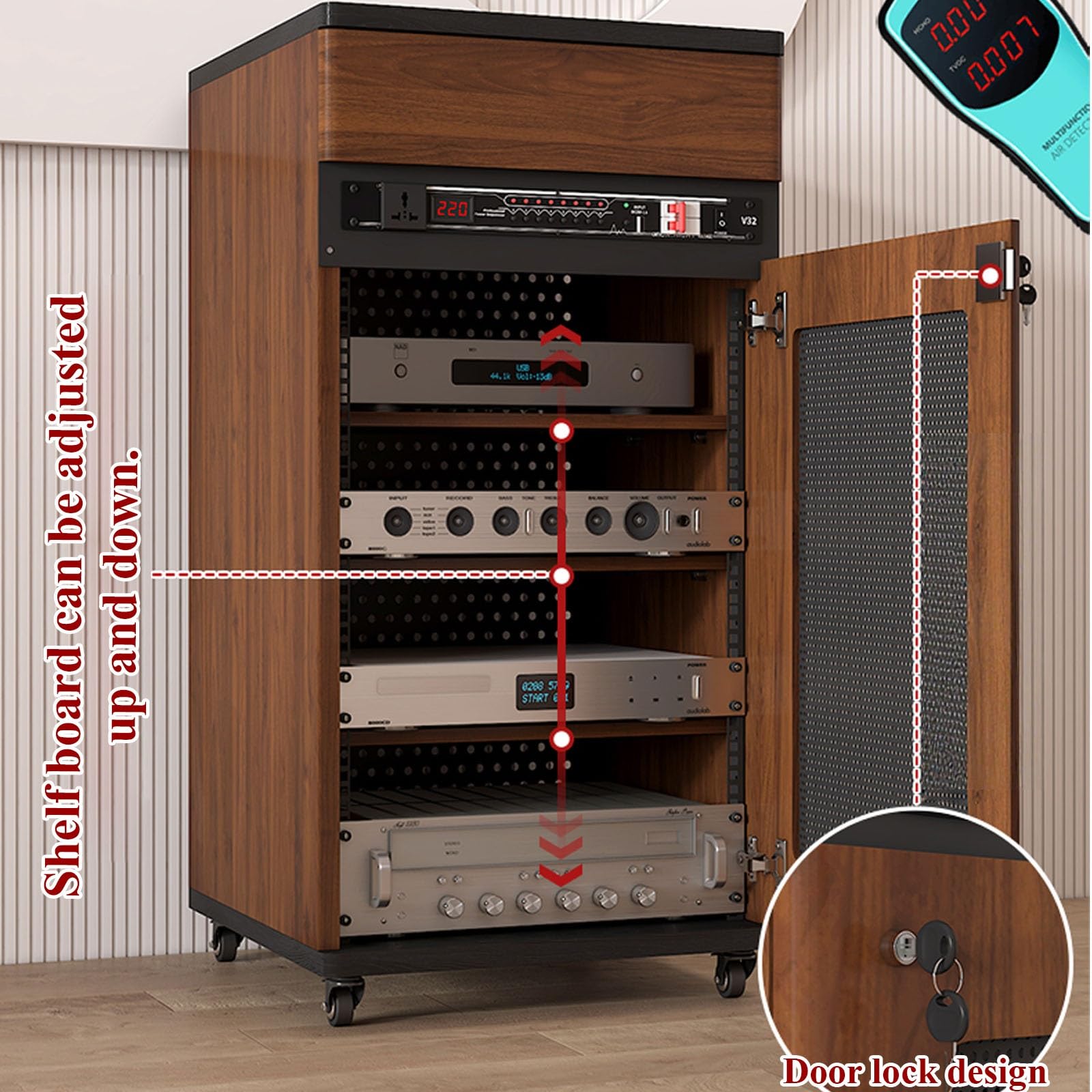 Rack Audio Professionnel 12U Lourd sur roulettes - Meuble pour Home Cinéma & Studio, Parfait pour Ampli, Équipement KTV Et Matériel Audio(Gray,4 Tier)