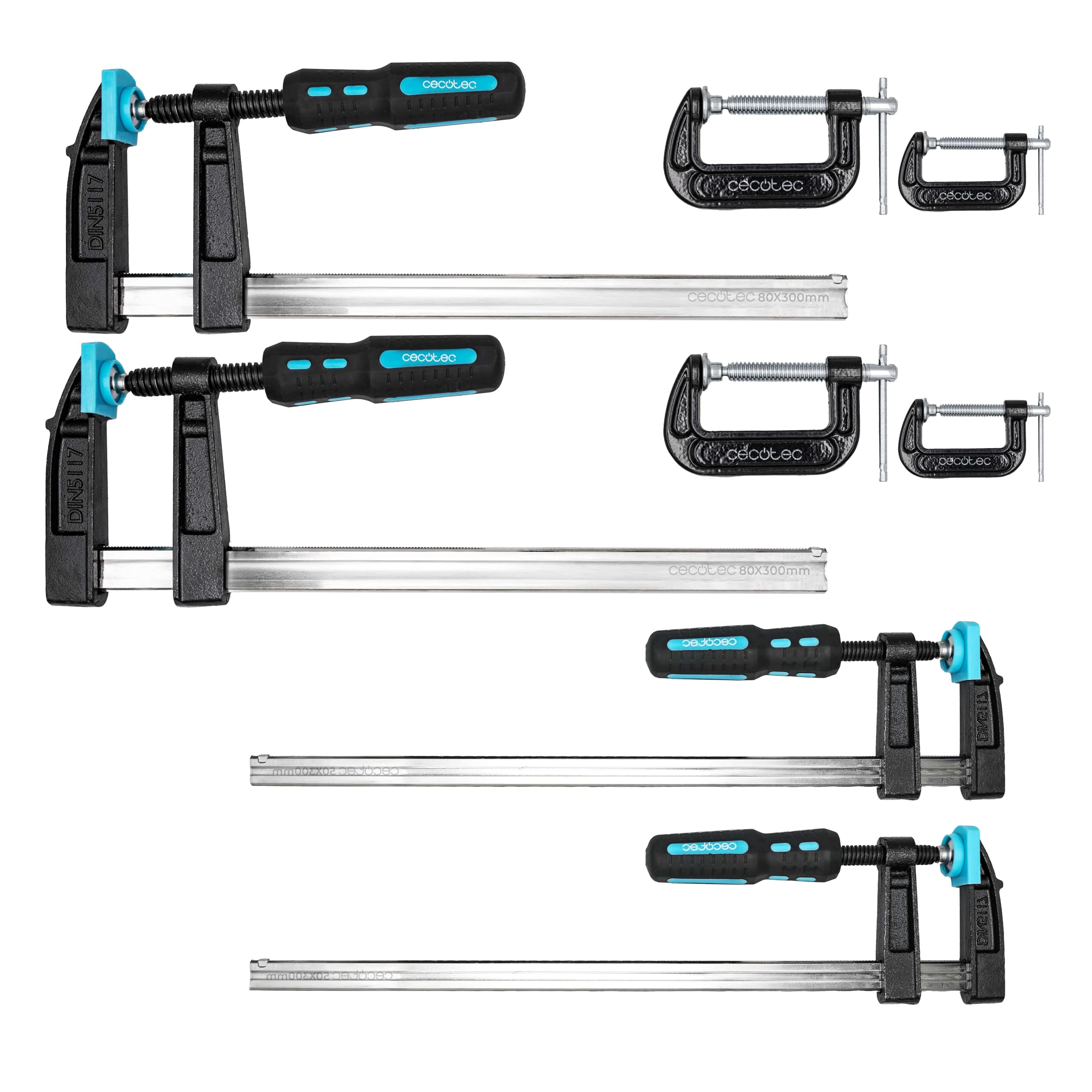 Cecotec StrongComfort 4400 Force 8-Piece Bar Clamps, Pressure up to 300 kg, DIN 5117 Standards, Hardened Steel Bars, Non-Slip Bi-Material Handle, 4 Pressure Clamps Included