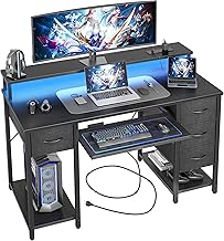 BEXEVUE Bureau Informatique Multiprise Intégrée LED - 120x50cm Table Gaming avec Plateau pour Clavier, 4 Tiroirs Réversibles, Rangement Étagère pour Etudier Jouer Travailler Chambre Domicile Salon