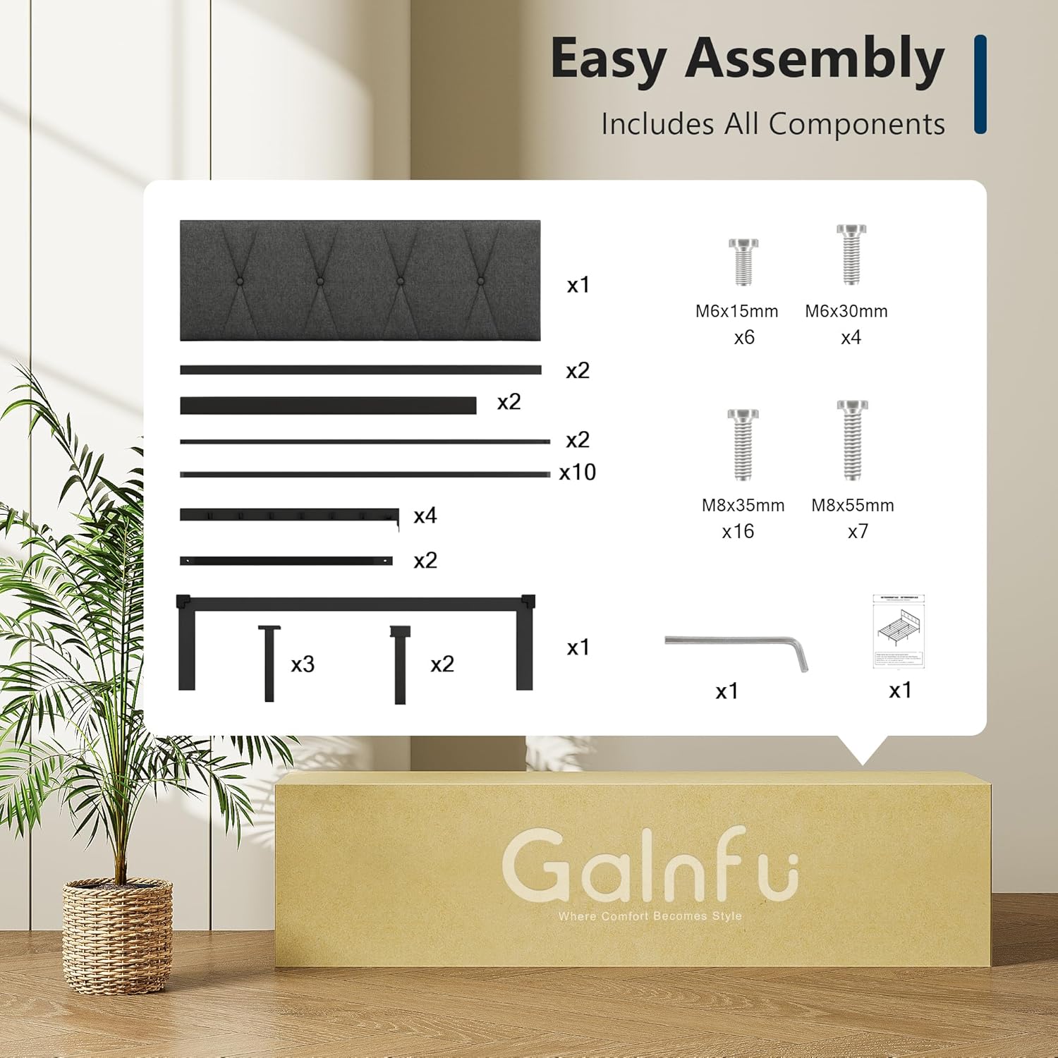 Queen Size Bed Frame with Button Tufted Headboard, Linen Upholstered Platform Bed Frame, Metal Bed Frame with Steel Slats Support, No Box Spring Needed, Easy Assembly, Dark Gray