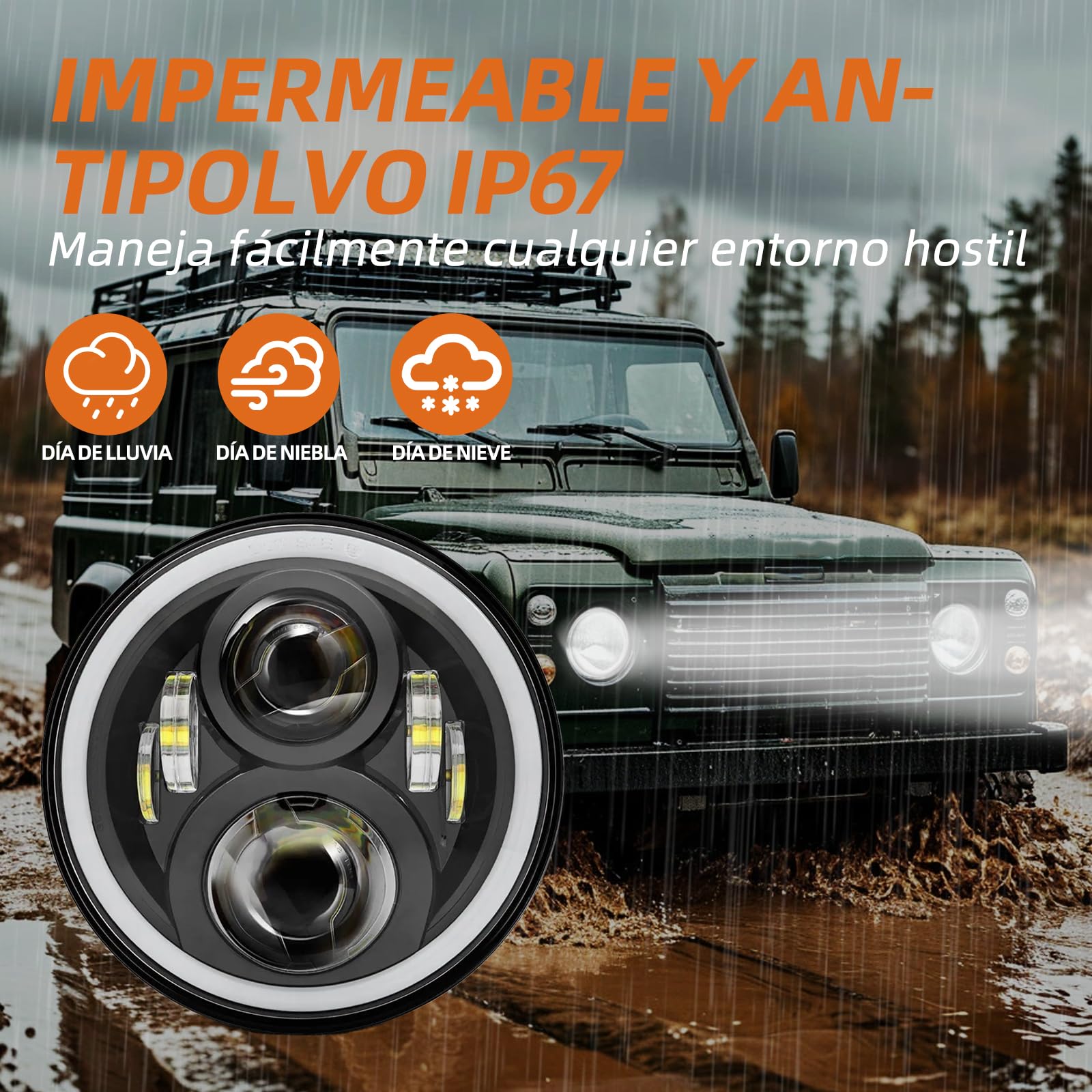 Faros LED de 7 pulgadas con halo de circulación diurna e intermitente de alto y bajo para Defender 90 110
