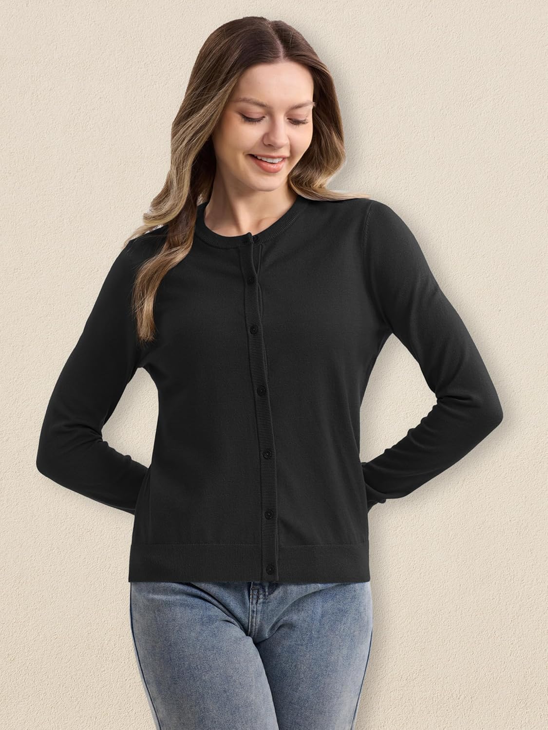 MAGCOMSEN Women's Cardigan Sweaters Lightweight Knit Soft Crew Neck Long Sleeve Open Front Button Spring Casual Cardigan - Image 2