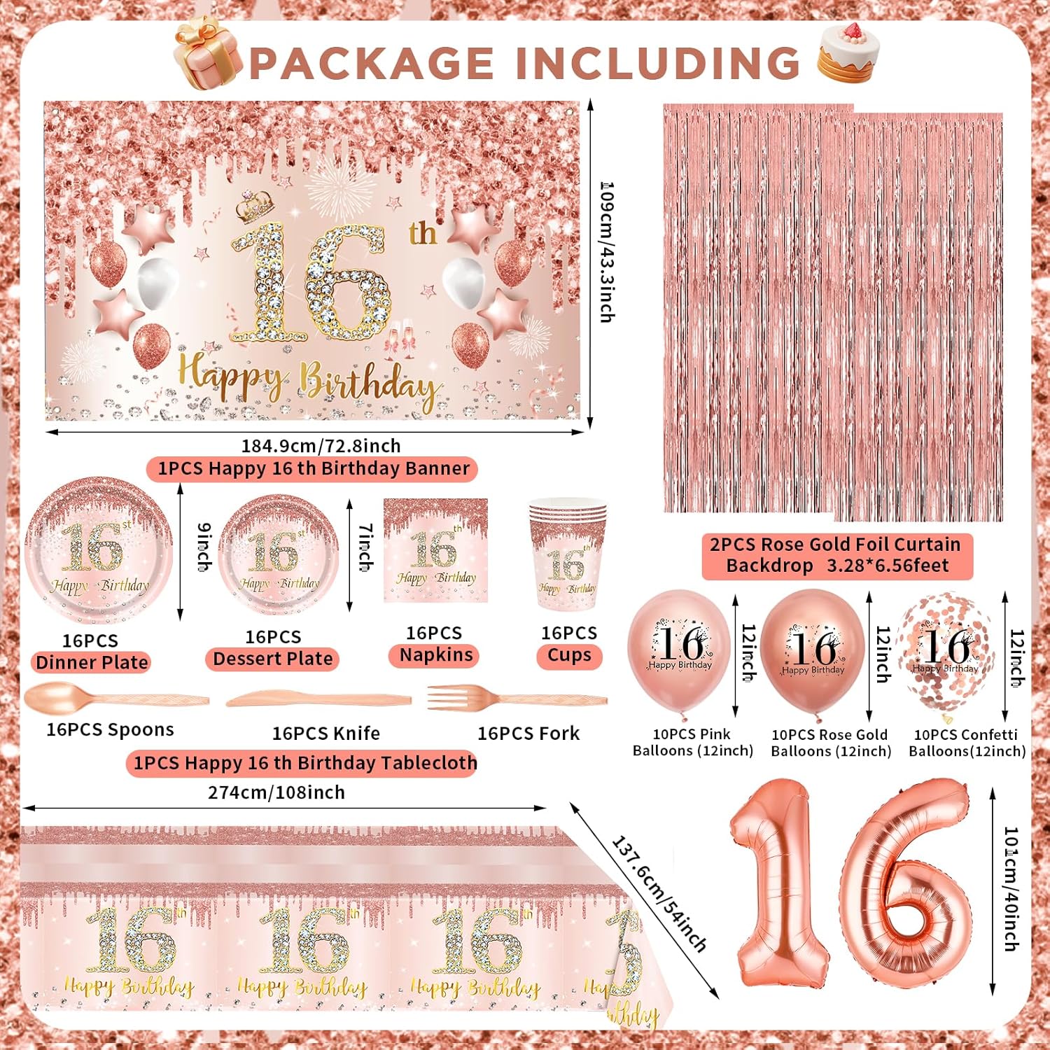 152Pcs Sweet 16th Birthday Decorations for Girls Rose Gold 16th Birthday Party Supplies with Rose Gold 16th Birthday Banner, Balloons, Tablecloth, Plates Napkins Tableware for Girls 16th Birthday