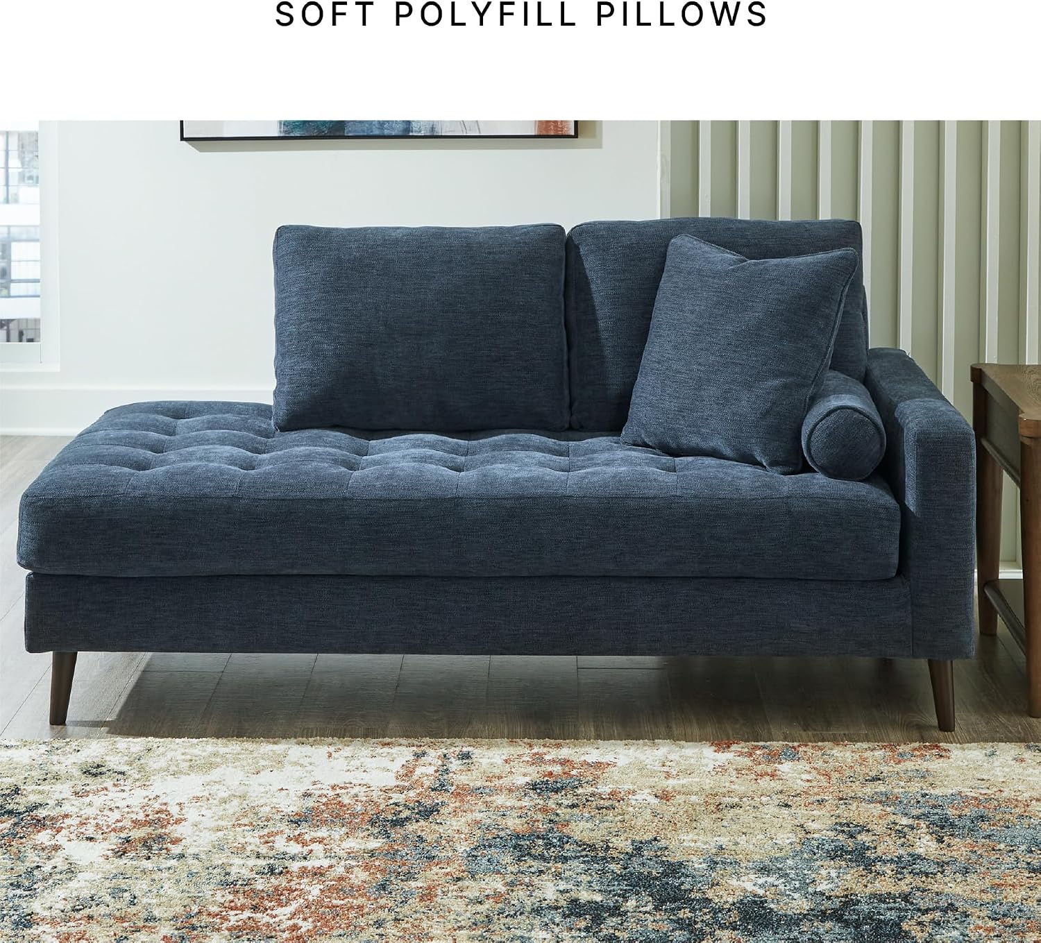 Bowery Hill Right-Arm Facing Corner Chaise, 37"W x 75"D x 37"H, Navy Polyester Blend Upholstery, Tufted Cushions, Accent Pillow Included, Tapered Wood Legs, Mid-Century Modern Style for Living Room