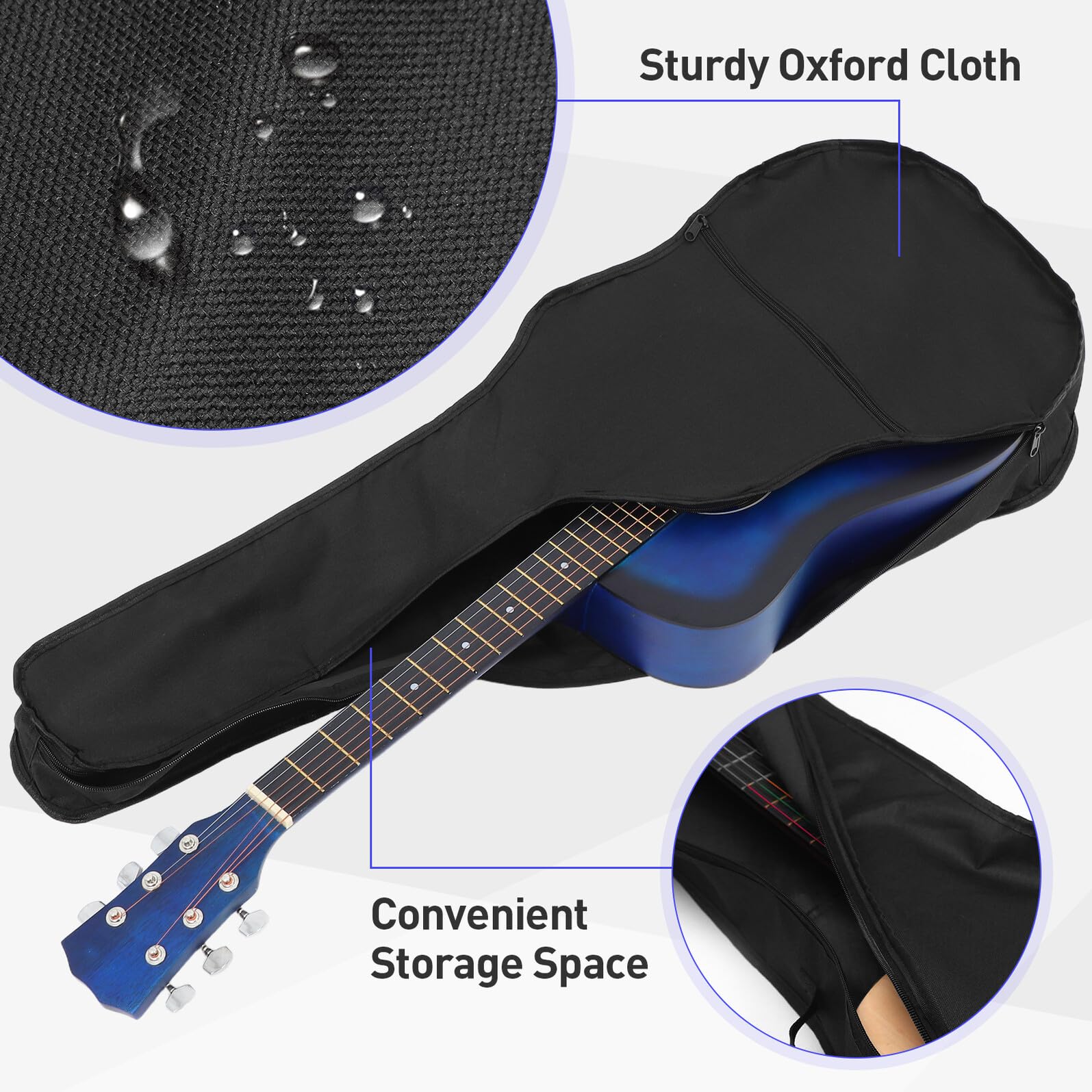 TOYANDONA Guitare 38 Pouces Étanche avec Fermeture Éclair Latérale Double Curseur et Grosse Poche Zippée, Bandoulière Réglable pour Transport Confortable, pour Guitare Acoustique