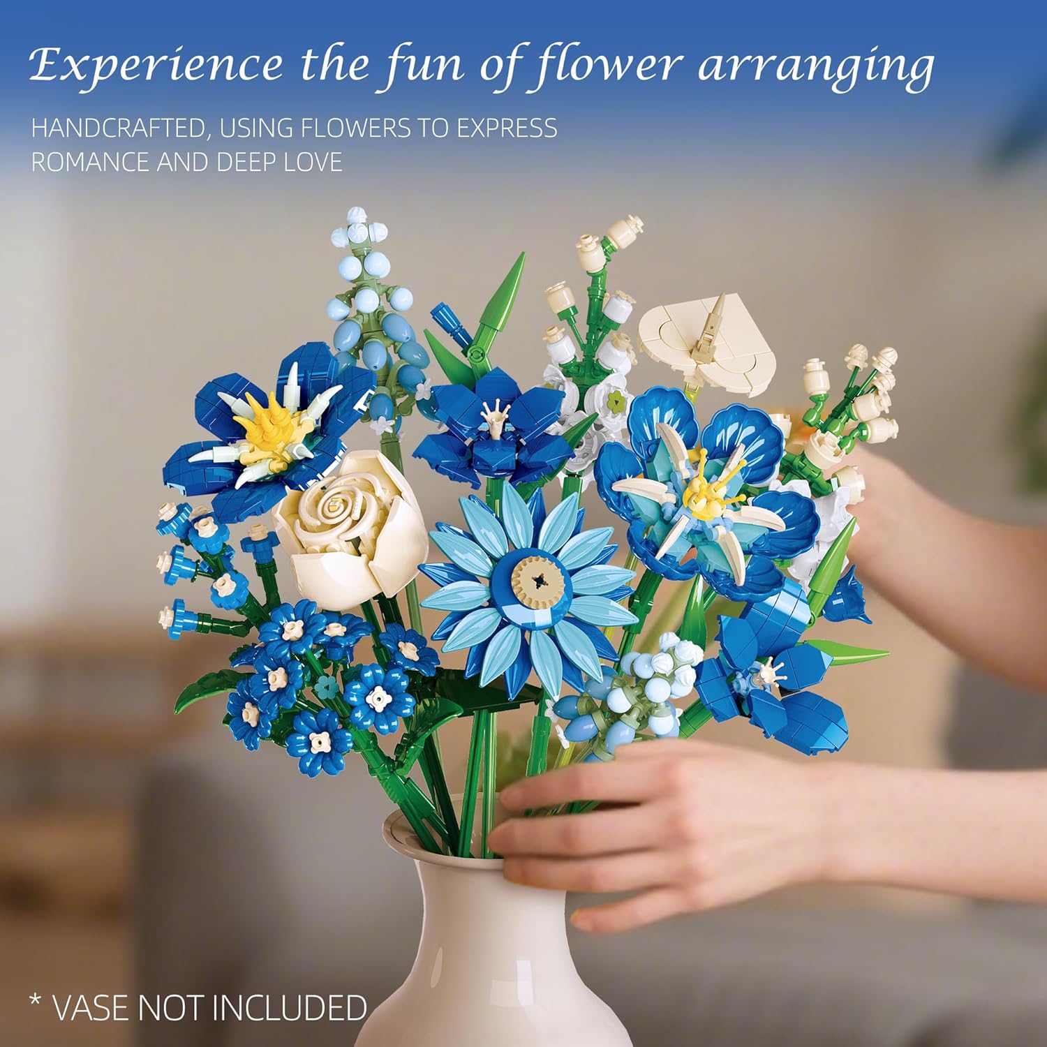 Flower Bouquet Building Blocks Set, Creative Blue Tulip Artificial Flower Plant Models, Home Decor or Idea Present for Adults and Kids, Valentine's Day Gifts for Girls, 766 PCS-JJ9240
