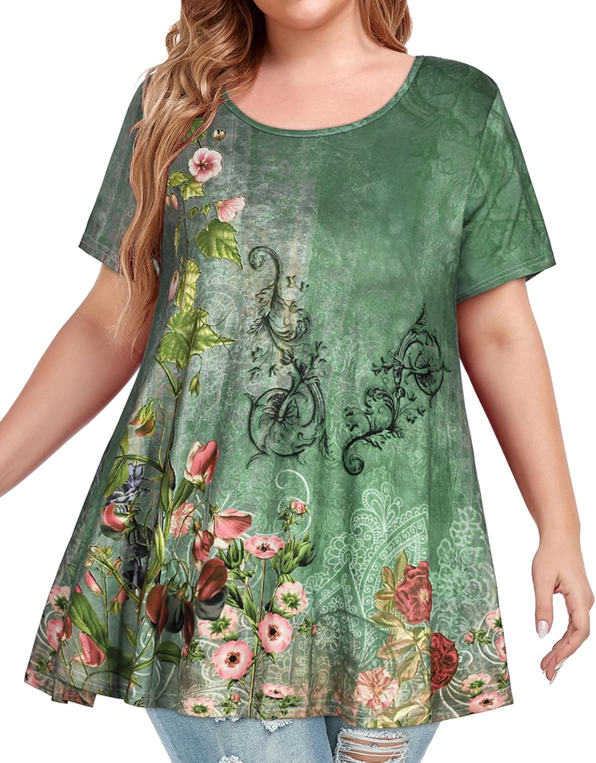 JOELLYUS Plus Size Tops for Women Tunic Floral Casual Short Sleeves T Shirts Flowy Blouses - Image 4