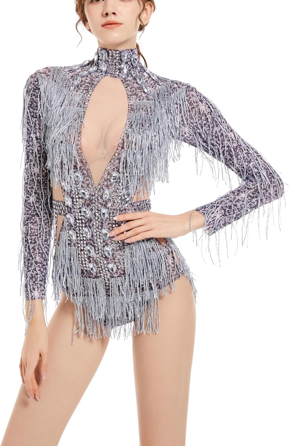 Fringe Sparkly Rhinestone Bodysuit for Women Latin Jazz Salsa Party Showgirl Drag Queen Costumes