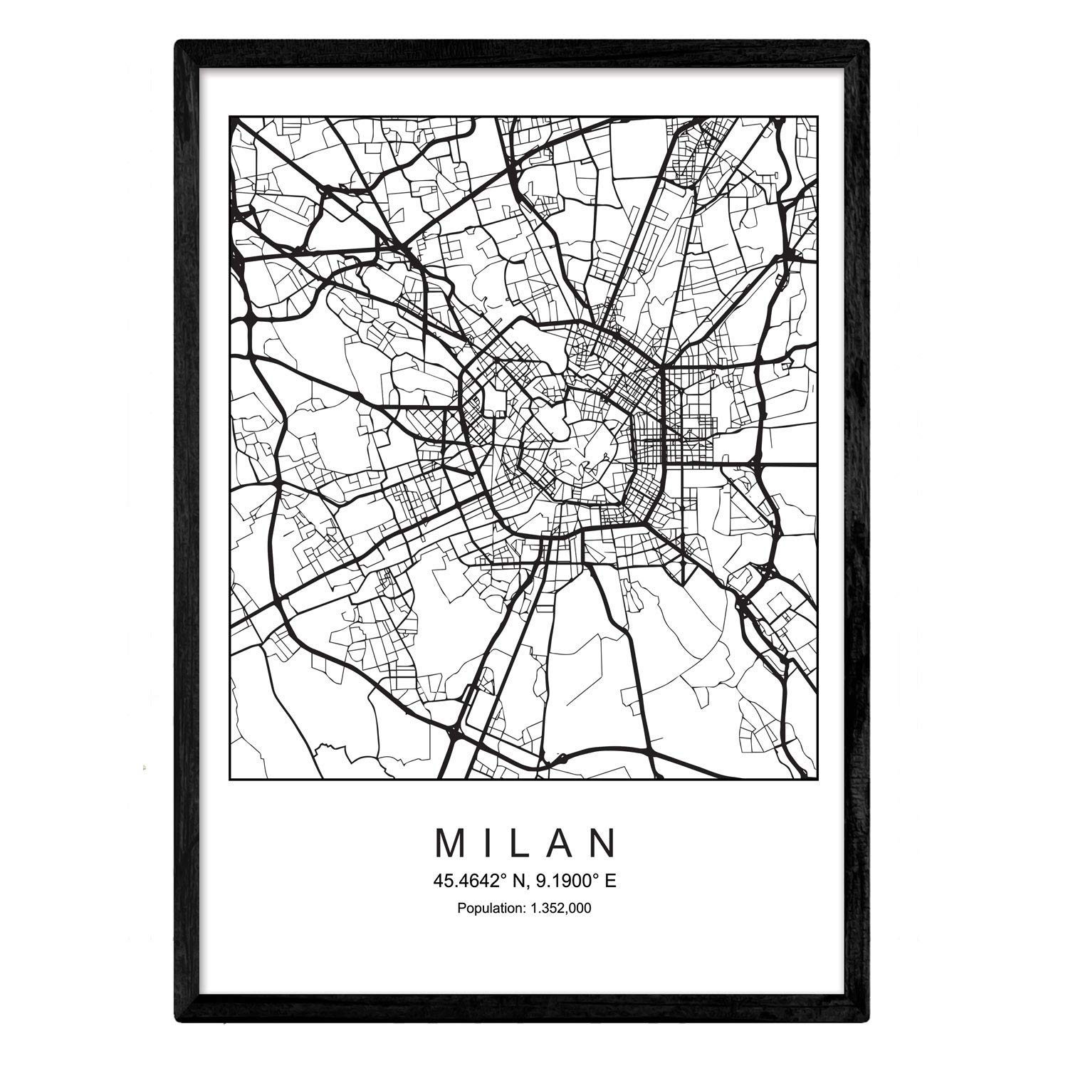 Nacnic Art Print Milan City Map in Black and White Nordic Style A4 Poster Framed with Black Frame Printed Paper 250g — image 1