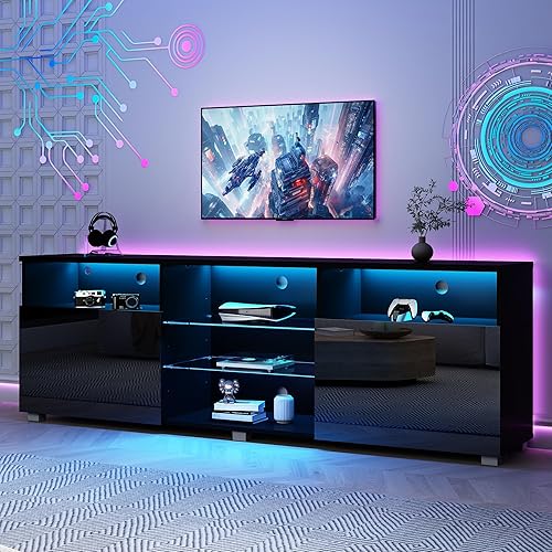Miniatura 8 de SUSSURRO Soporte de TV LED para TV de 60/65 pulgadas, consola central de televisión con cajón y luces LED, centro de entretenimiento moderno de alto