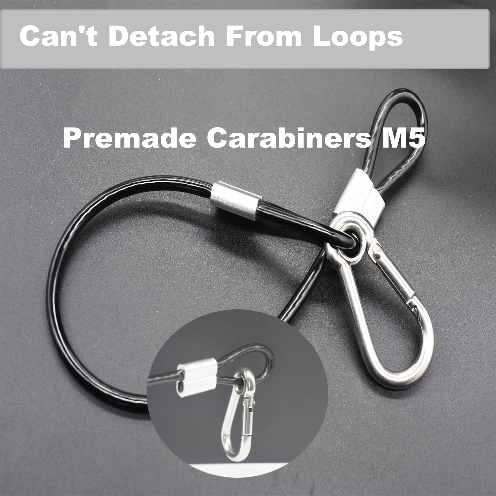 10 Stück 30 cm lange Vinyl-Überzug beschichtete Edelstahl-Drahtseile mit Schlaufen und Karabinerhaken, kurzes Sicherheitsseil, Schlüsselband, 4 mm dick, Schwarz