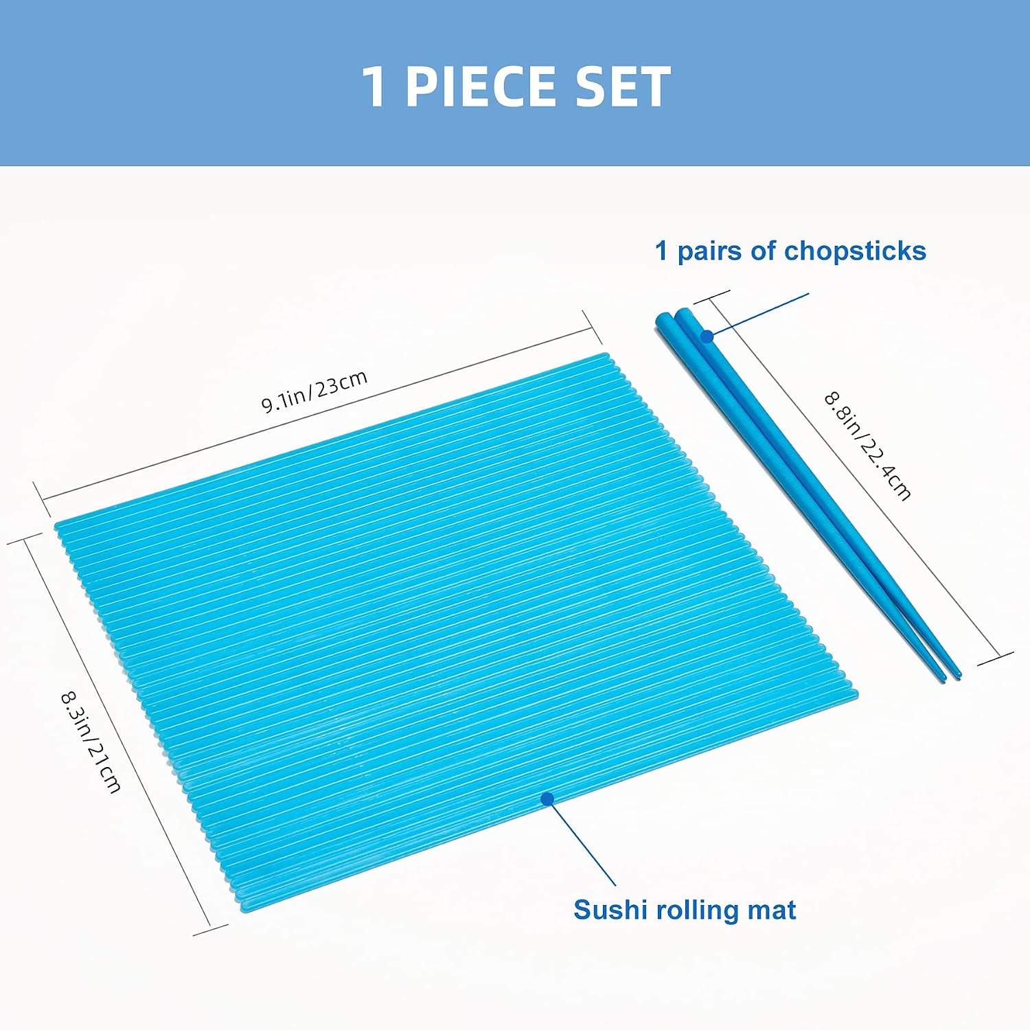 QFFQ Sushi Rolling Mat, Easy Clean Plastic Nonstick Sushi Making Kit with 1Pairs Chopsticks Kitchen Homemade DIY Sushi Plate BPA Free Durable Blue